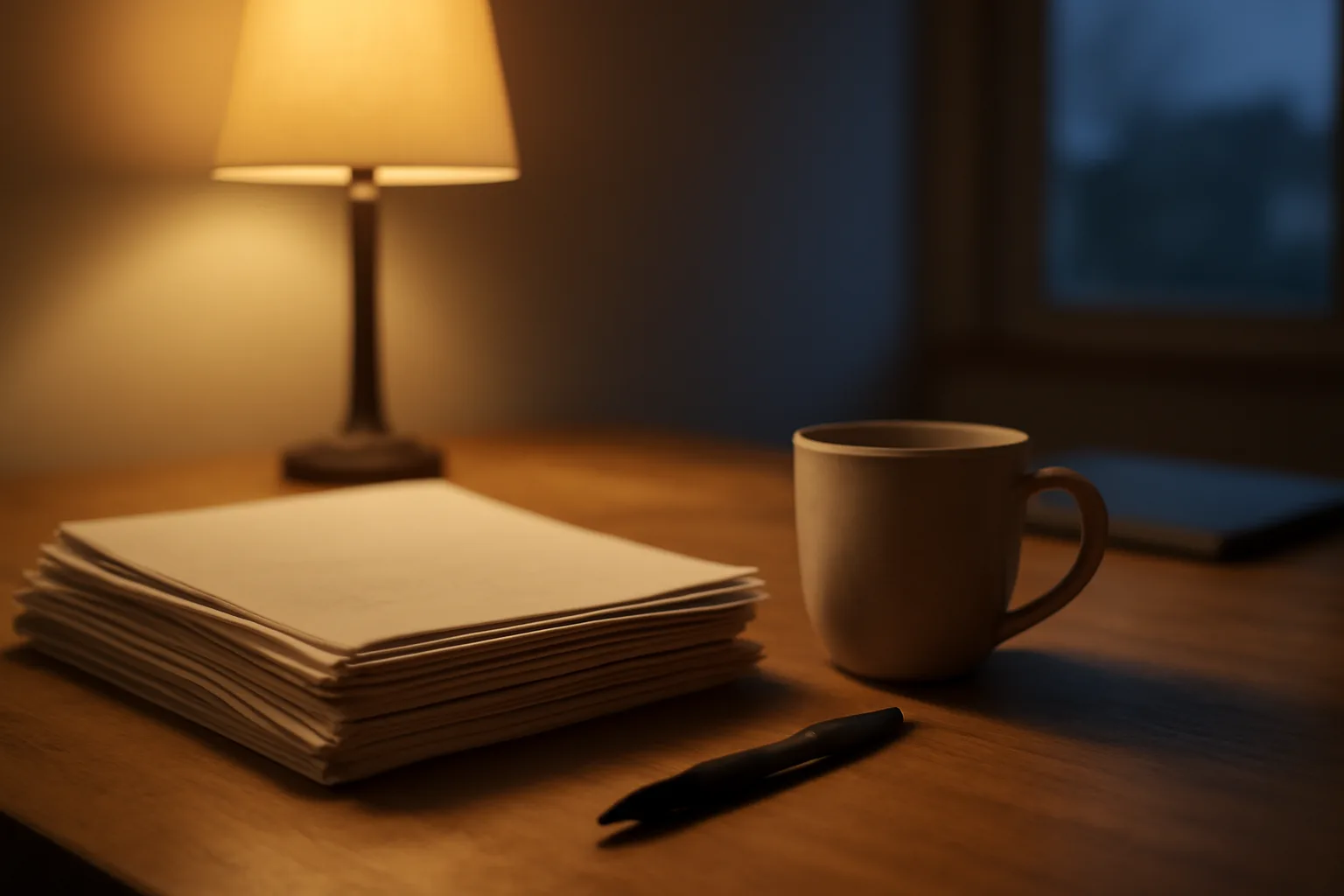 Kitchen table with documents and coffee mug, reviewing timeshare paperwork at dusk