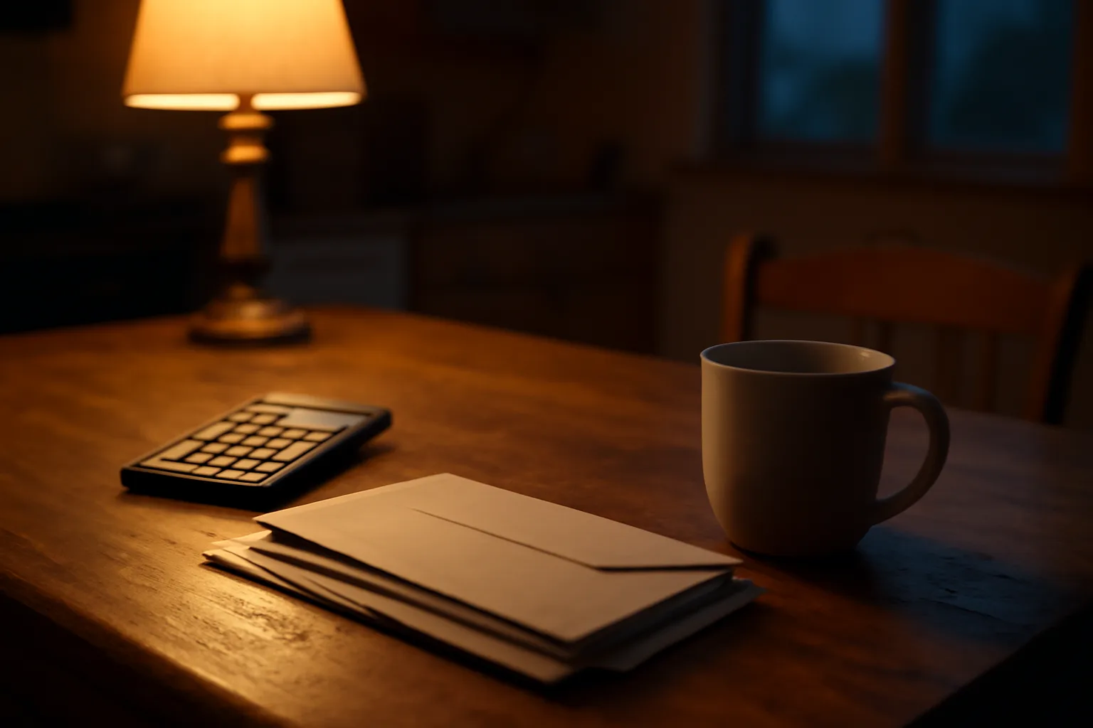 Kitchen table with mail and a calculator, evoking a homeowner weighing timeshare costs