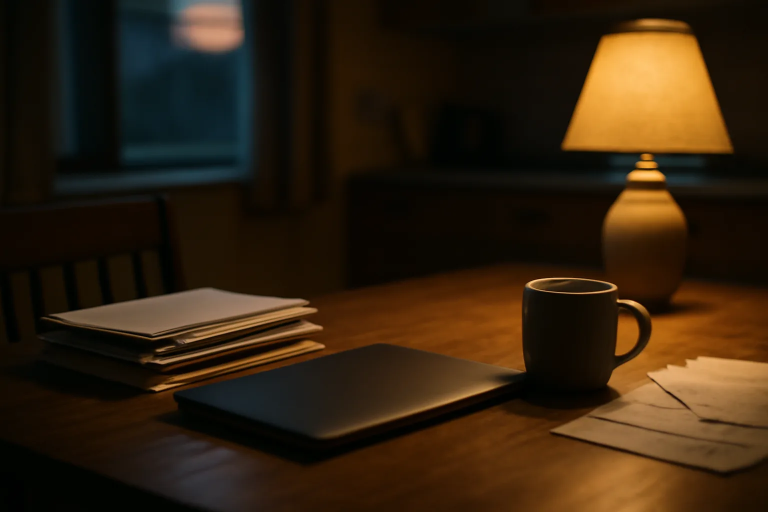 Kitchen table with mail and laptop, evoking stress of timeshare foreclosure paperwork