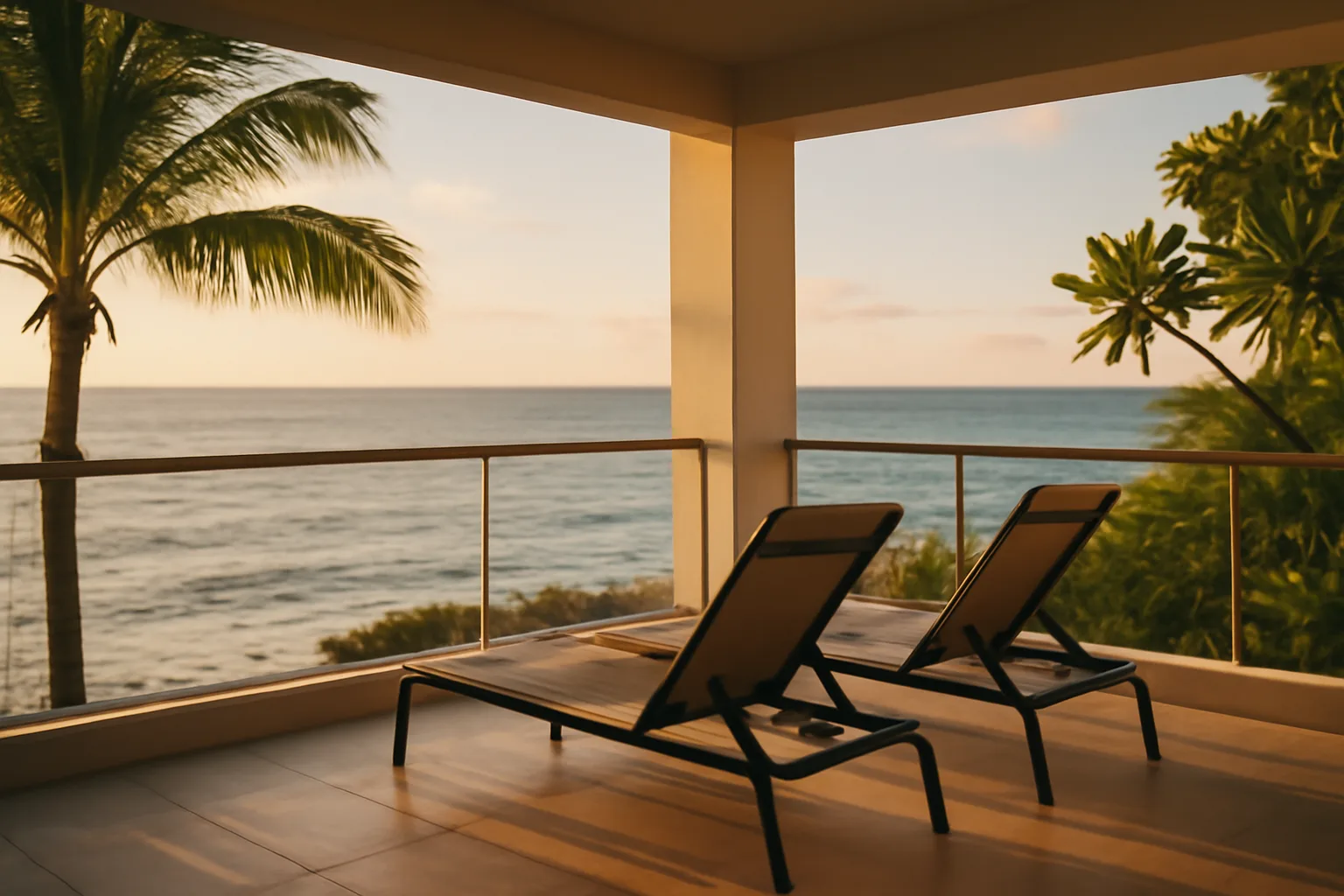 Empty resort balcony overlooking ocean at sunset, representing timeshare vacation property