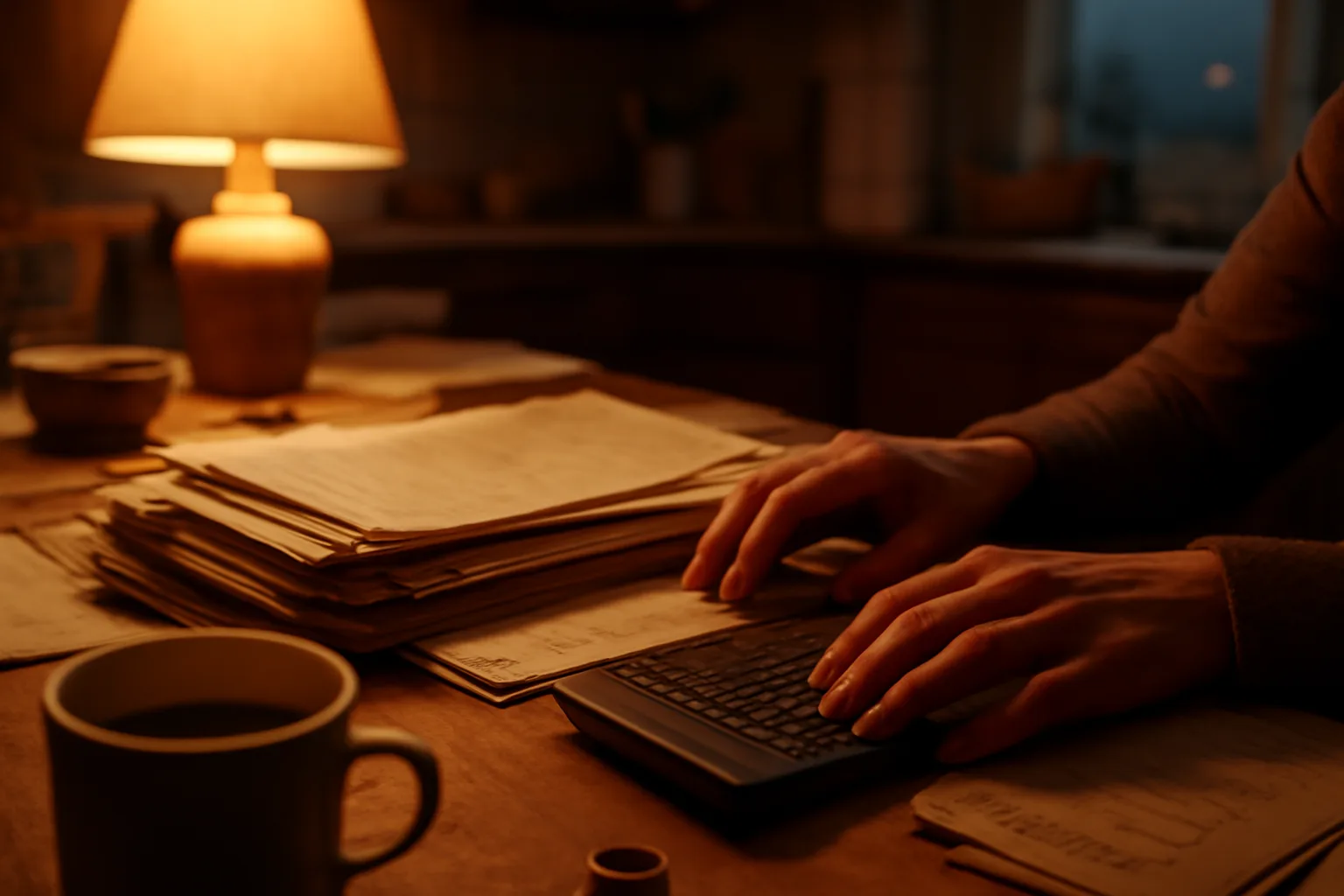 person at kitchen table reviewing paperwork while calculating the cost to get out of a timeshare