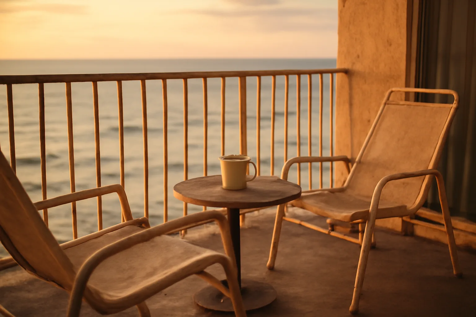 Empty timeshare condo balcony at sunset with ocean view and coffee cup