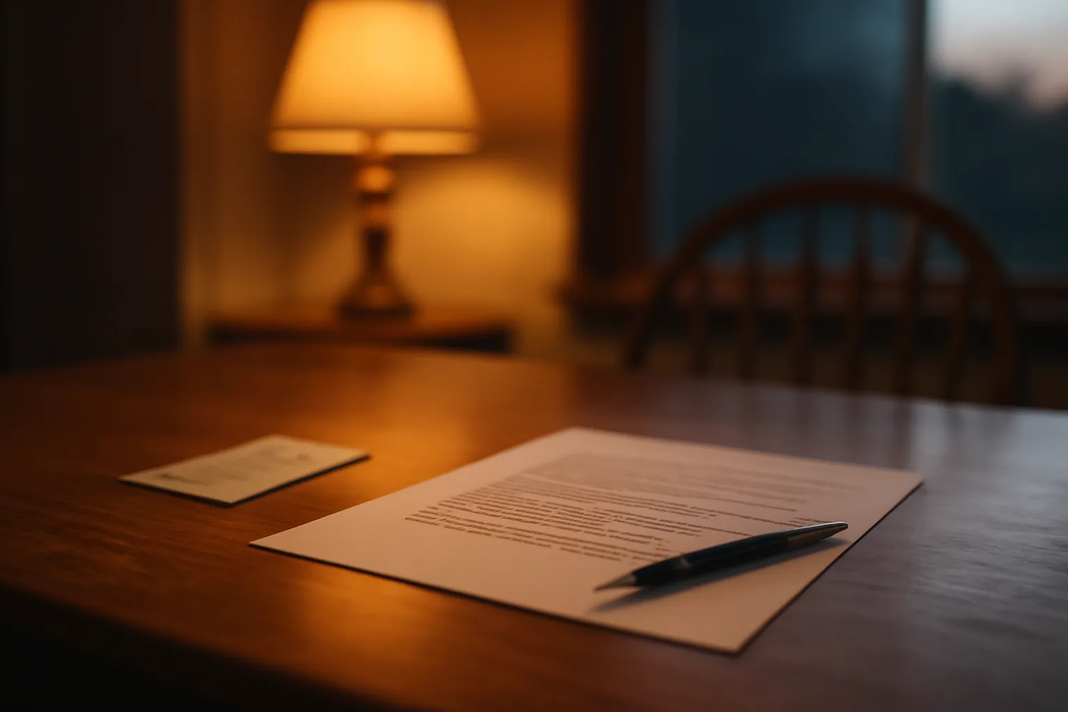 Timeshare contract and pen on a kitchen table lit by lamp light