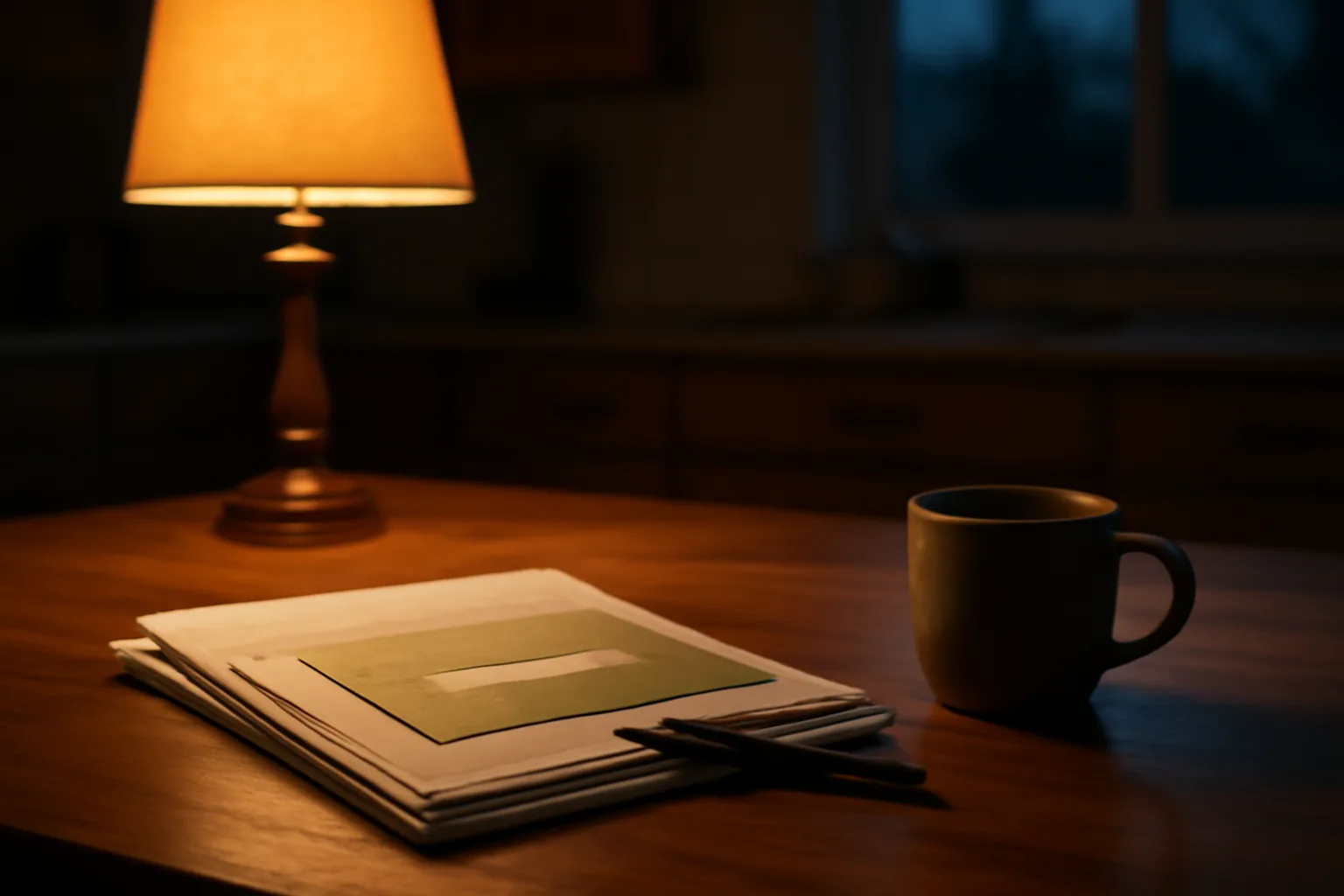 Contract papers and a certified mail receipt on a kitchen table at dusk