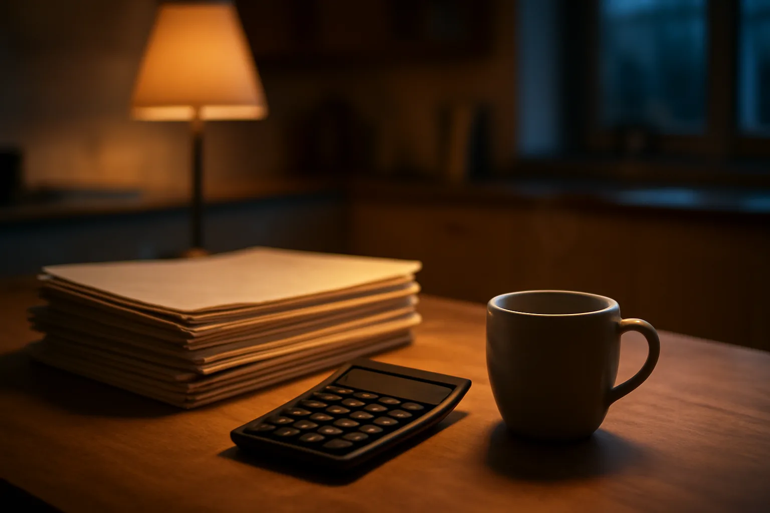 Timeshare deed paperwork and a calculator on a table at night