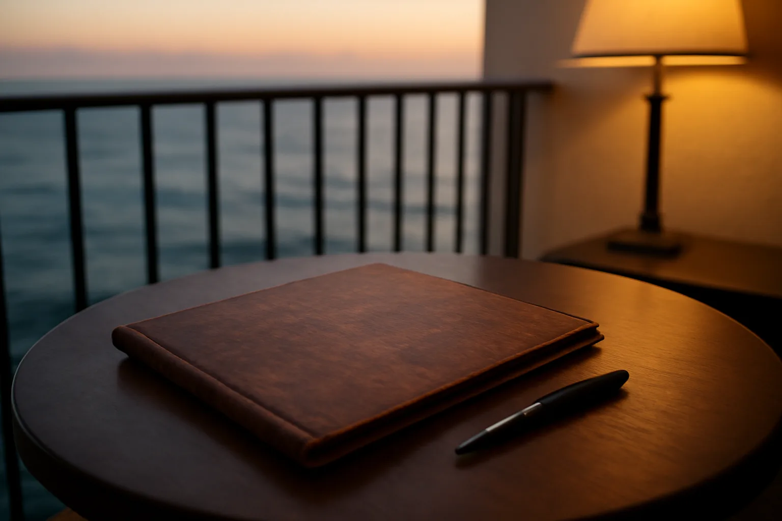Timeshare paperwork and pen on a balcony table at dusk overlooking the ocean