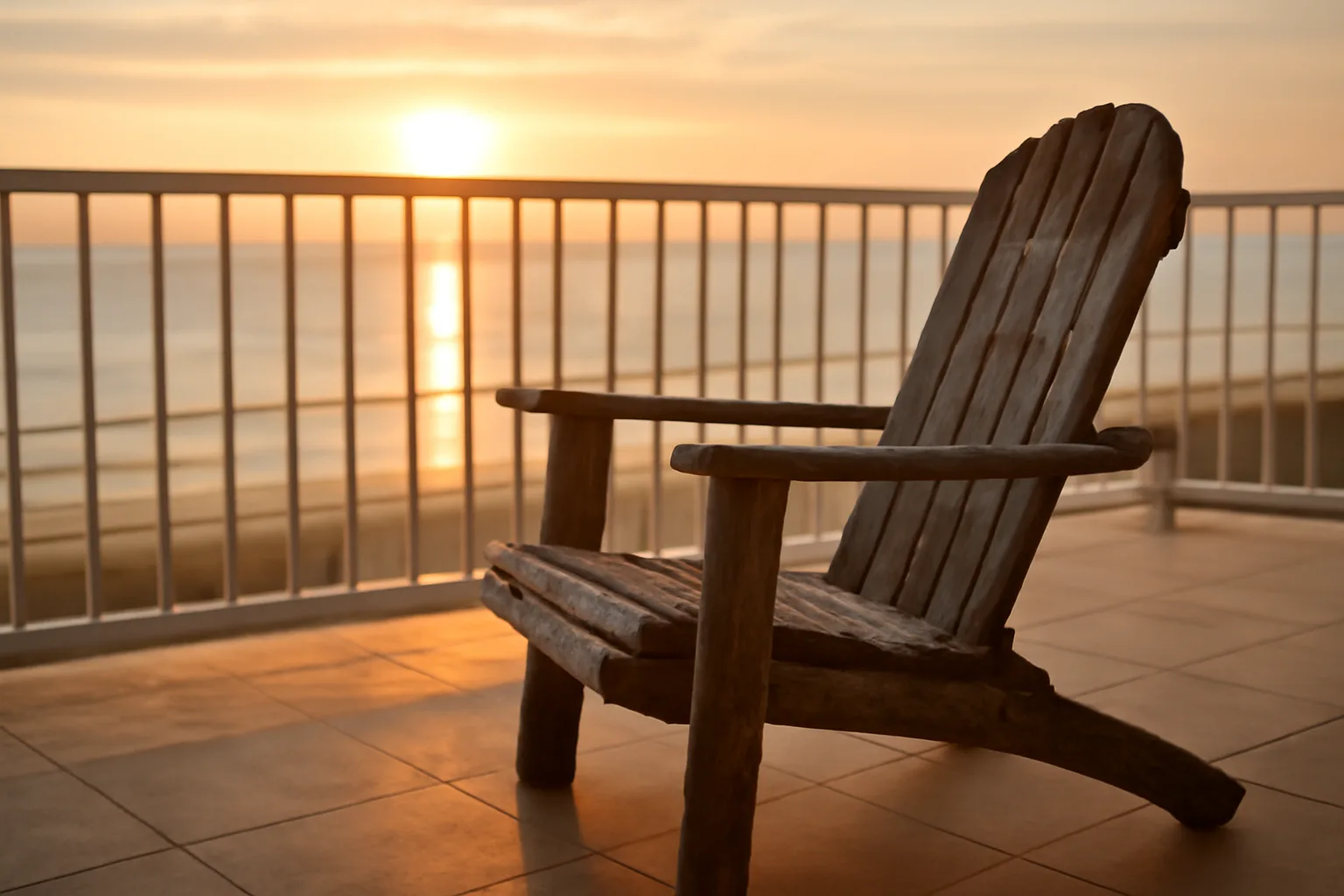 Empty resort balcony chair overlooking ocean at sunset, evoking timeshare resale decision