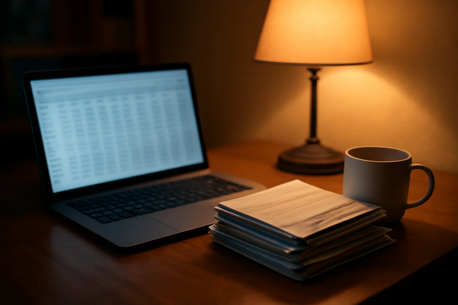 home desk at night with laptop and mail receipts, researching timeshare exit companies