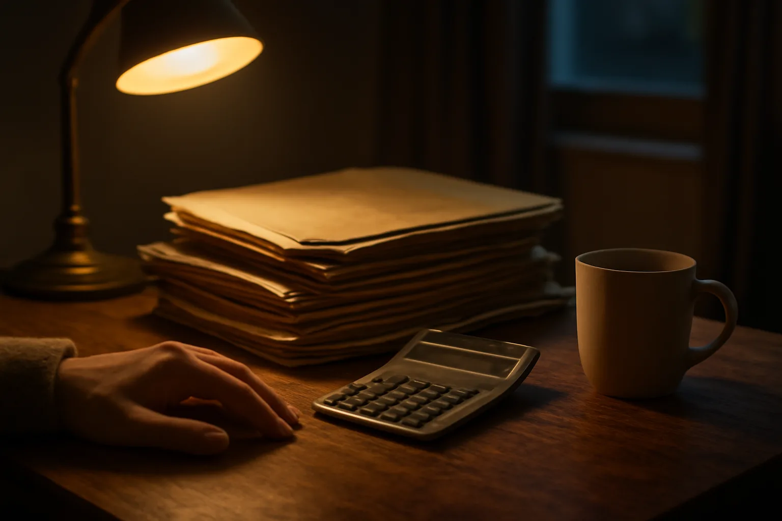 Home desk with paperwork and calculator, researching timeshare exit options at night