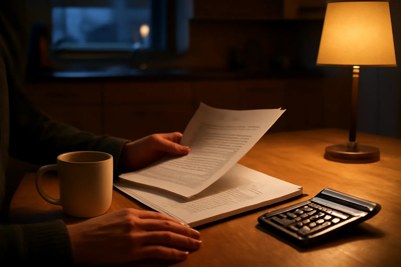 Person reviewing timeshare contract paperwork at a kitchen table in evening light
