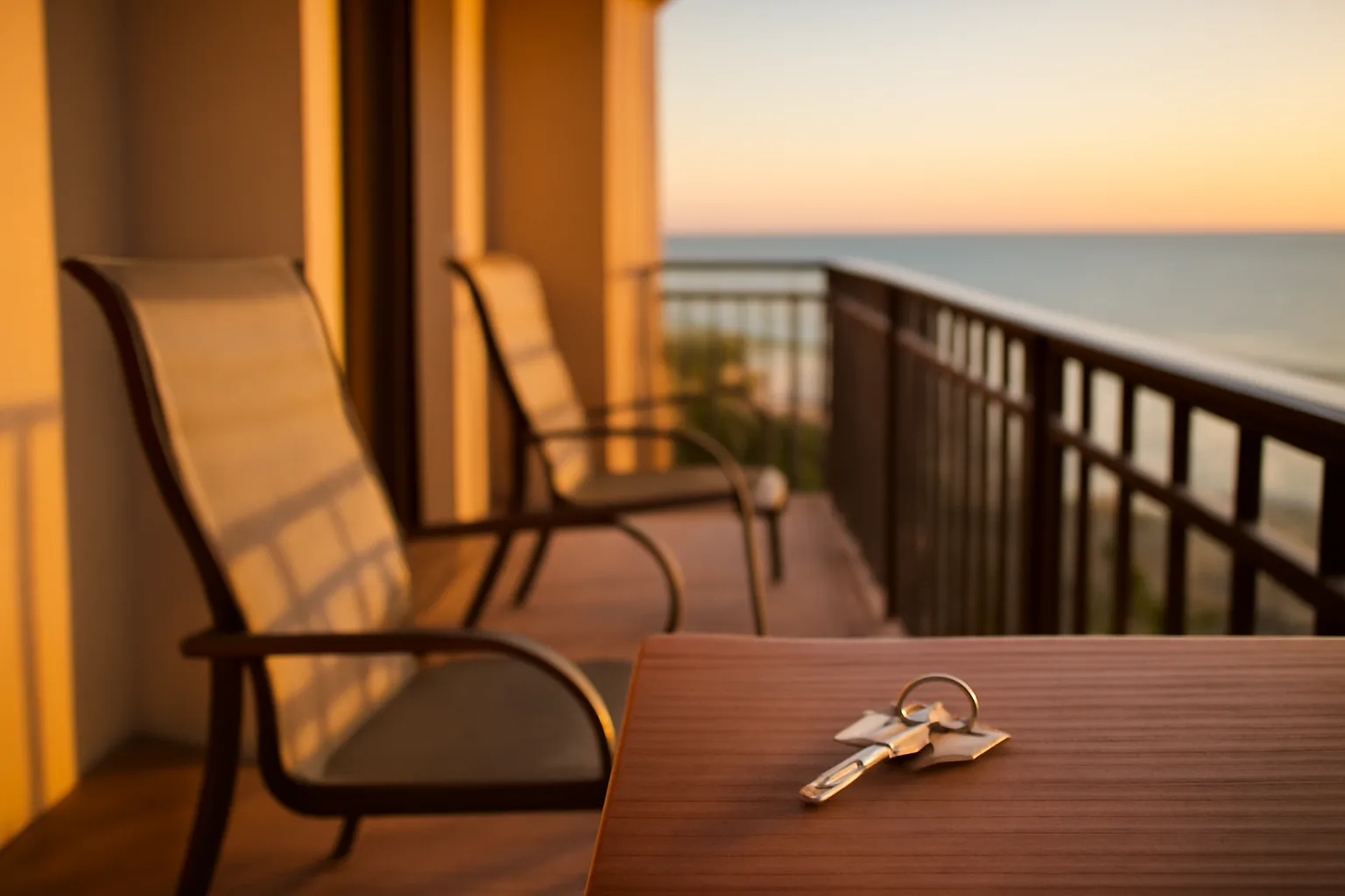 Empty timeshare condo balcony at sunset with keys on the railing