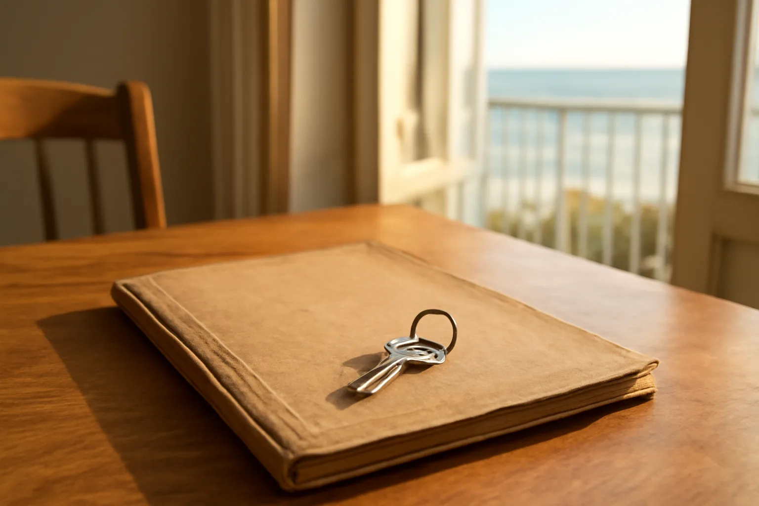 Deed folder and house key on a table near a coastal condo balcony window