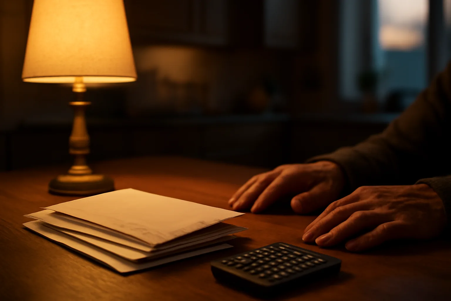 Envelopes and a calculator on a kitchen table representing unpaid timeshare maintenance fees