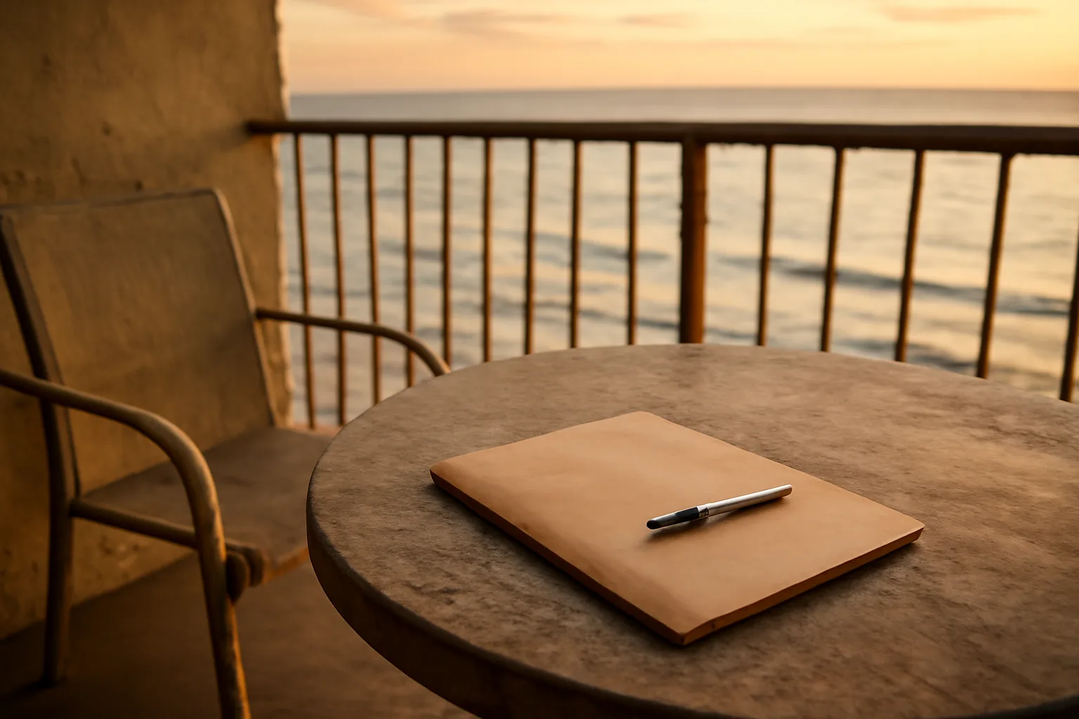 Empty balcony table with folder and pen, resort in background, symbolizing selling a timeshare back