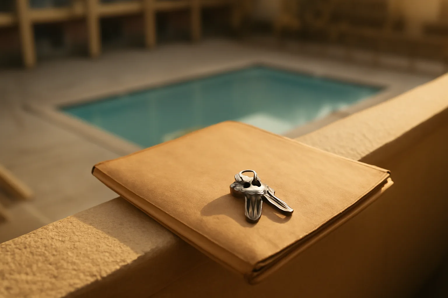 Timeshare deed and keys on a balcony railing above a quiet resort pool at sunset