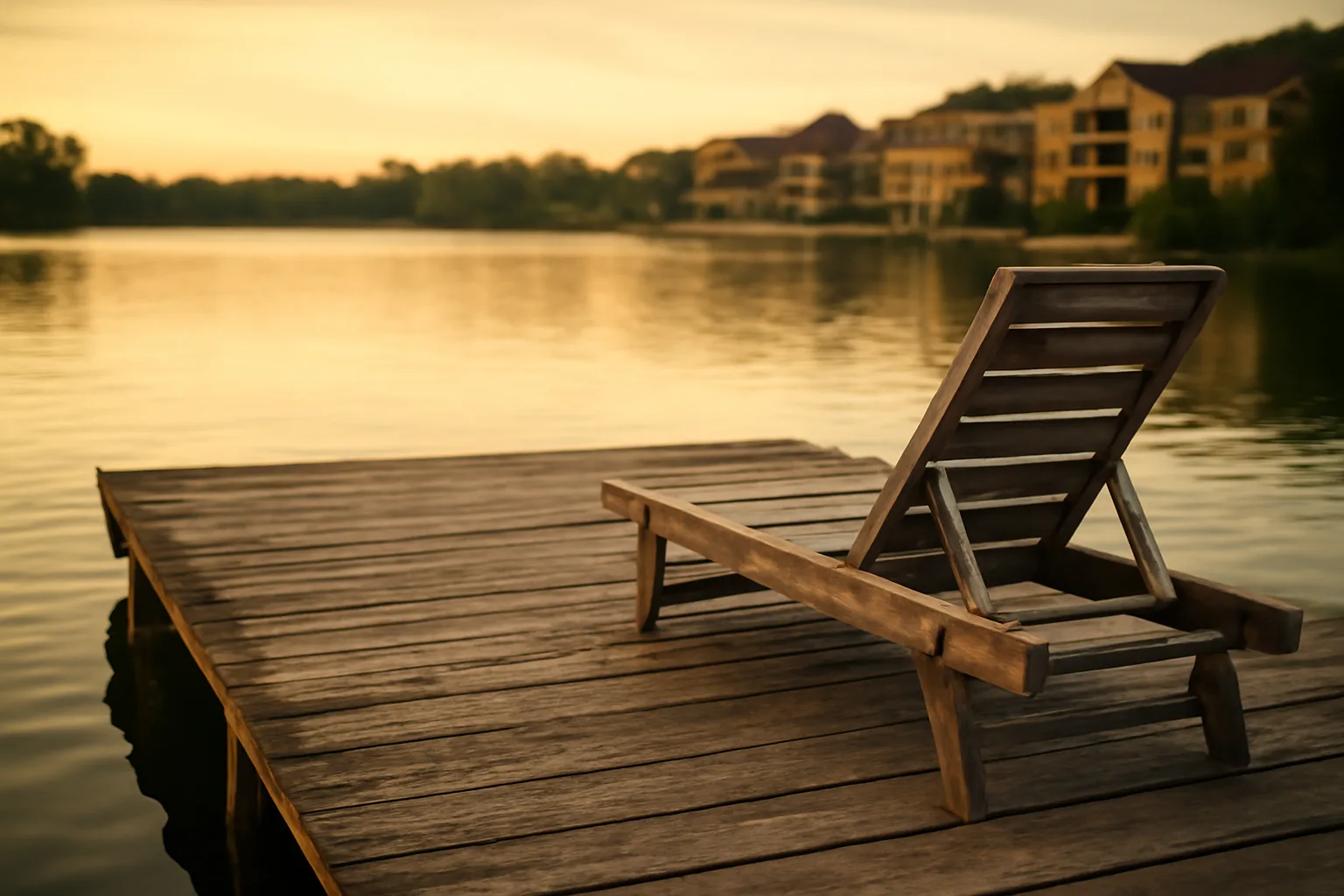 Empty deck chair on a resort dock at dusk, symbolizing a timeshare deed-back decision