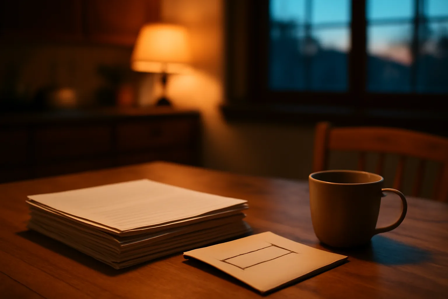 Contract papers and certified mail receipt on a kitchen table at dusk
