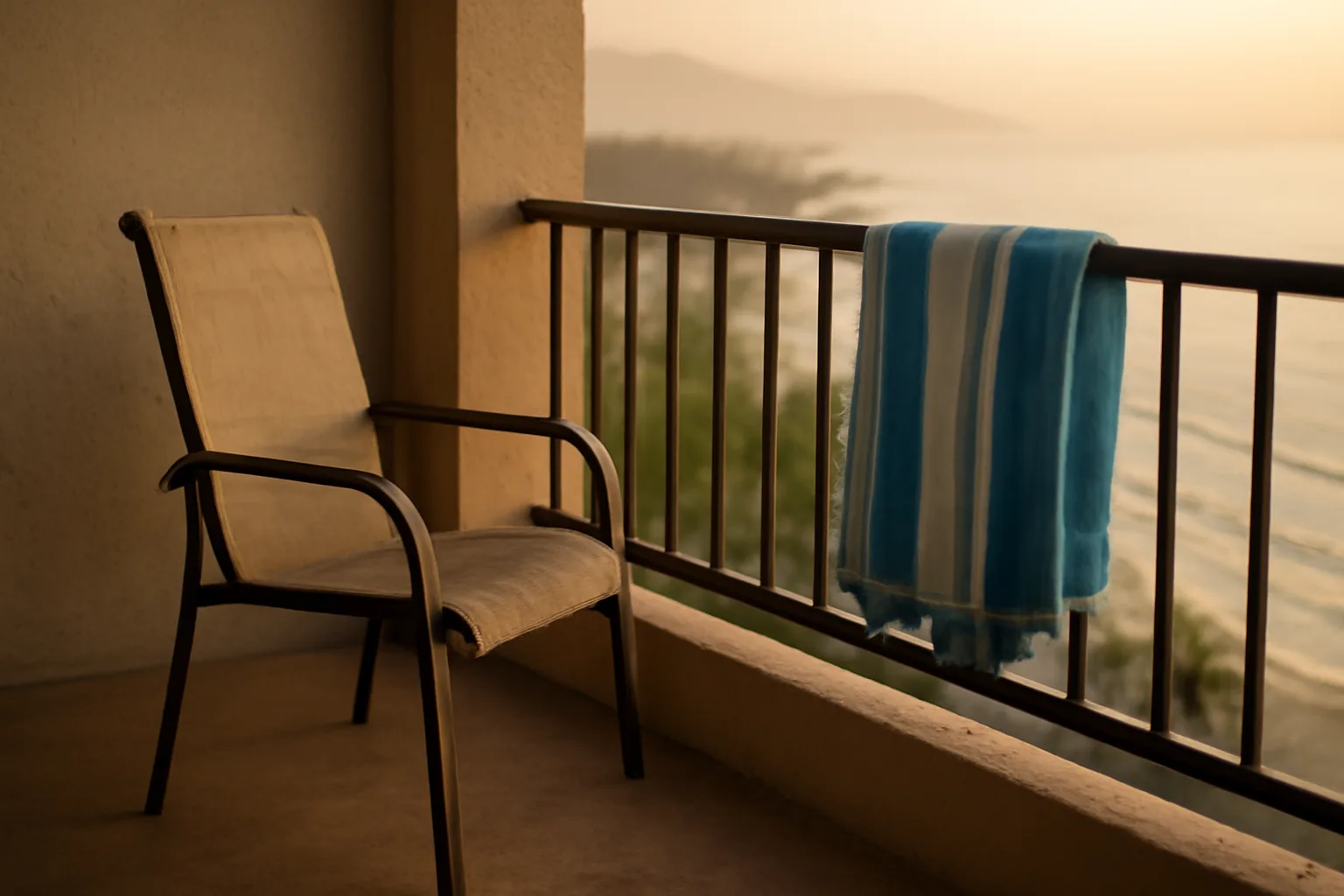 Empty resort balcony at sunrise evoking a Hilton timeshare deed-back decision