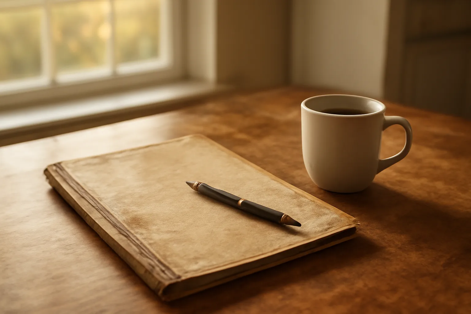 Timeshare contract folder and pen on a kitchen table in morning light