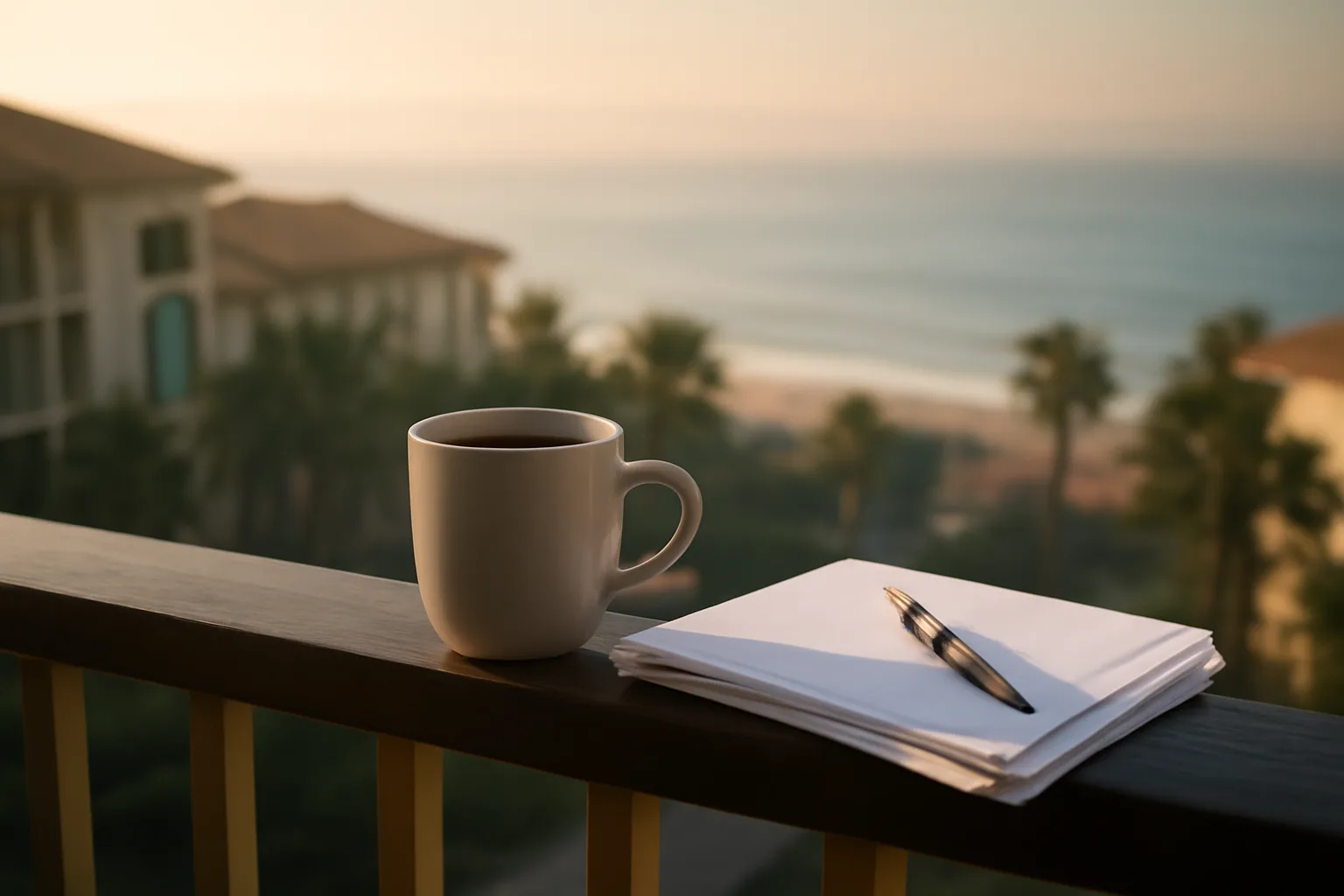 Resort balcony at dawn with paperwork, representing a Hilton Grand Vacations timeshare exit decision