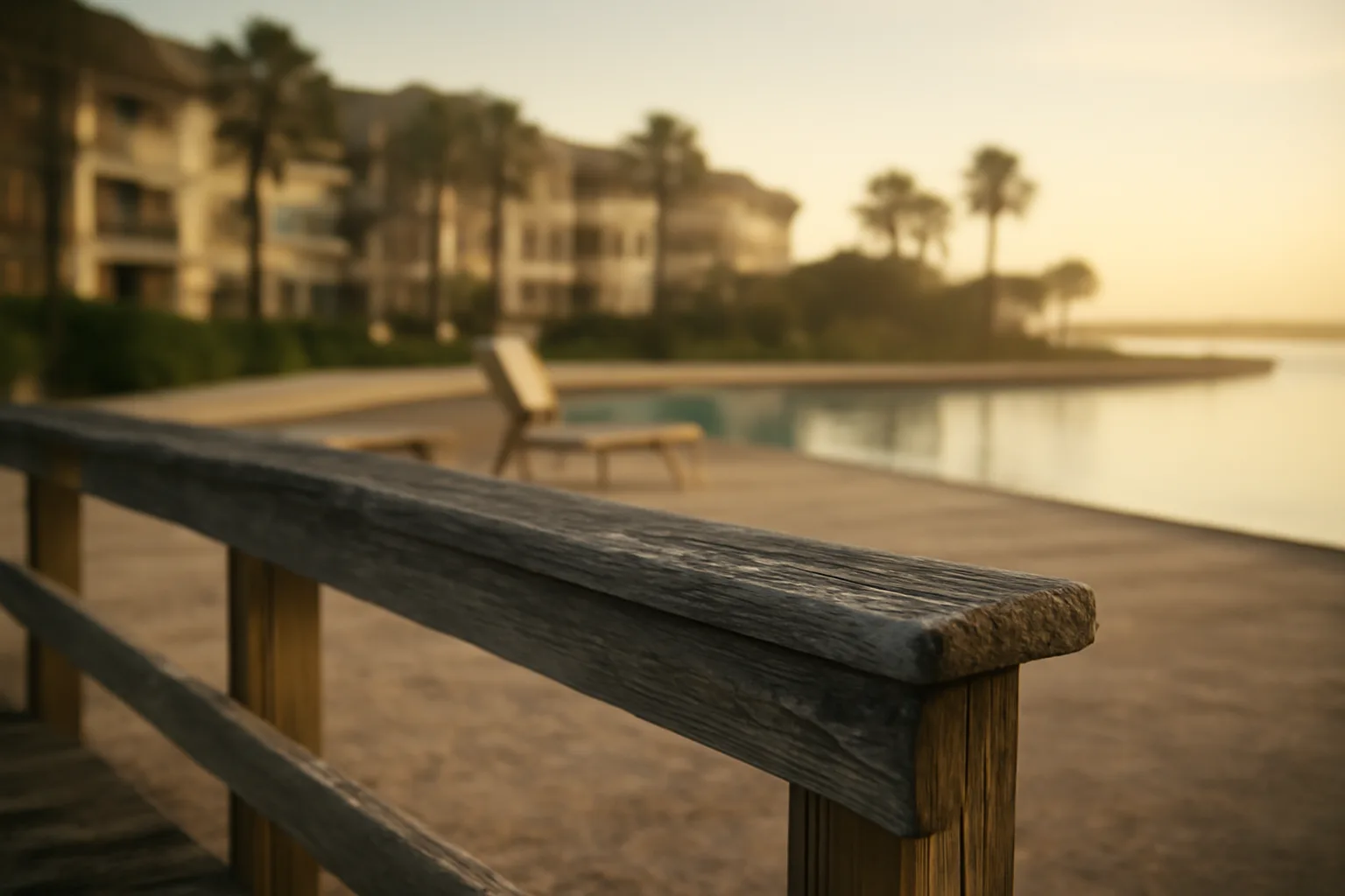 Empty poolside chair at a Florida timeshare resort in early morning light