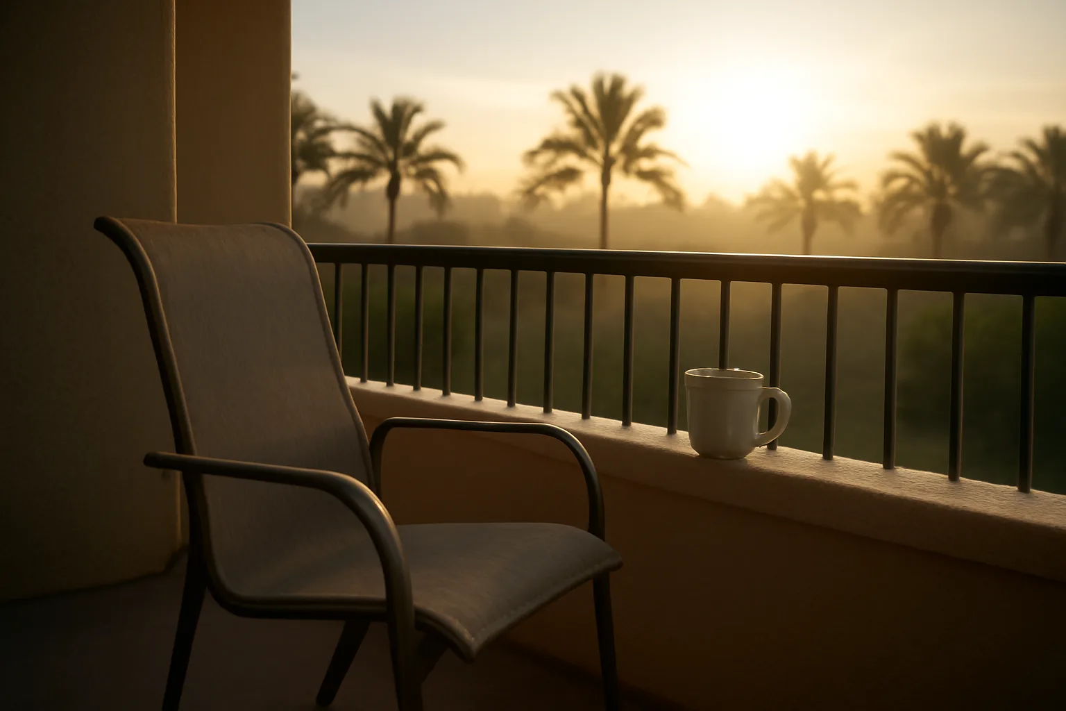 Empty resort balcony at sunrise symbolizing a Hilton Grand Vacations timeshare exit decision