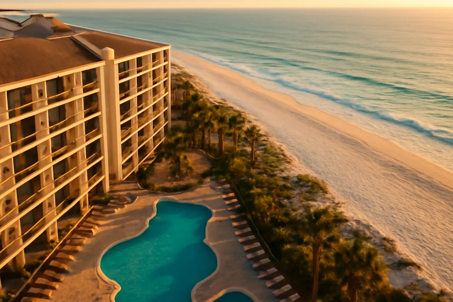 Florida beachfront timeshare resort pool and beach at sunrise aerial view