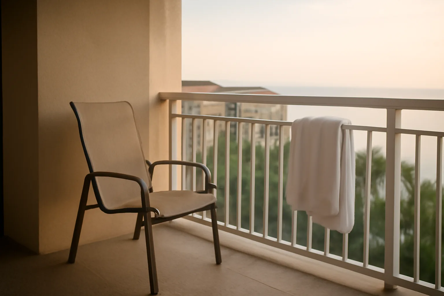 Empty resort condo balcony at sunrise representing a timeshare owner weighing an exit decision