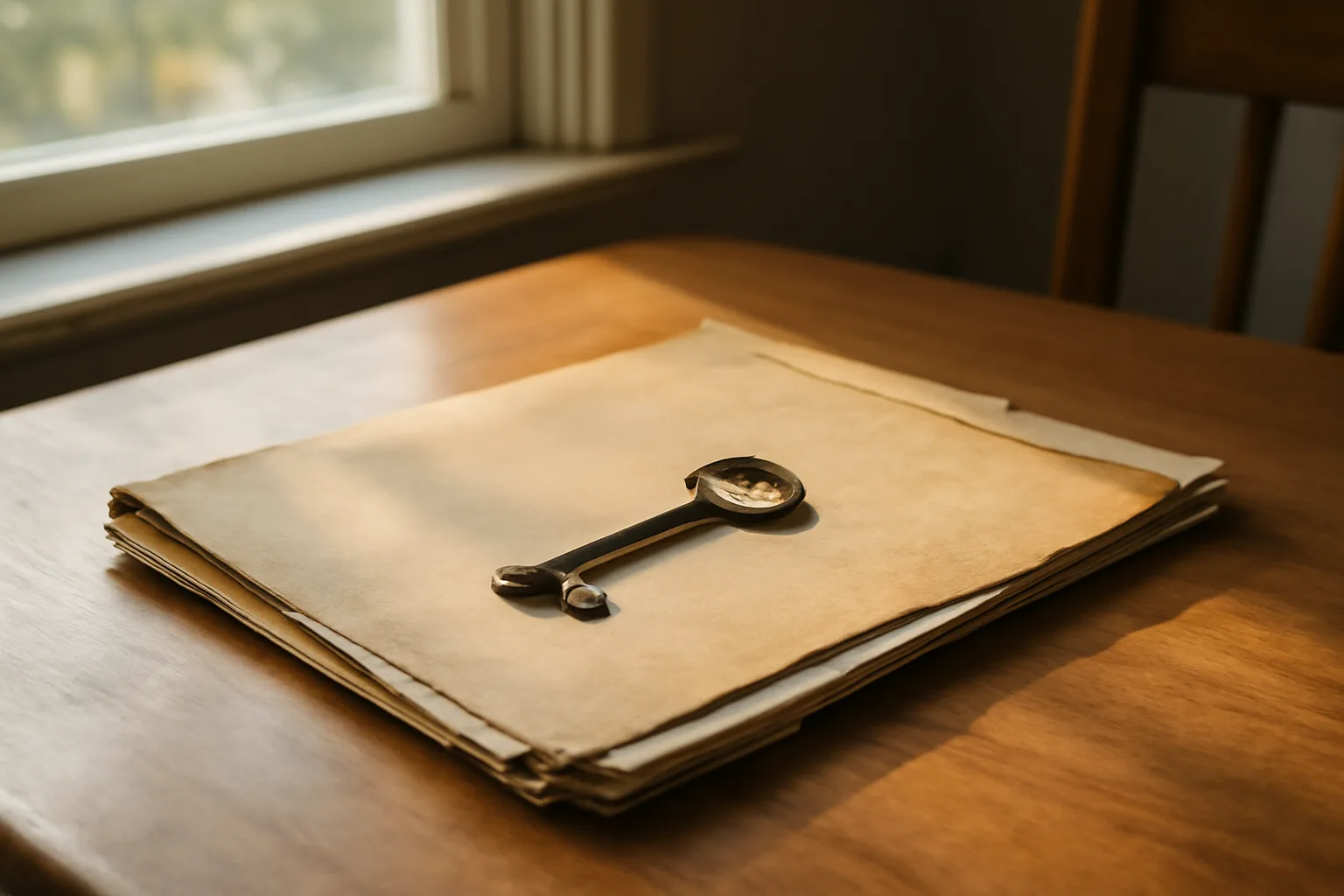 Timeshare deed paperwork and a house key on a table in morning light