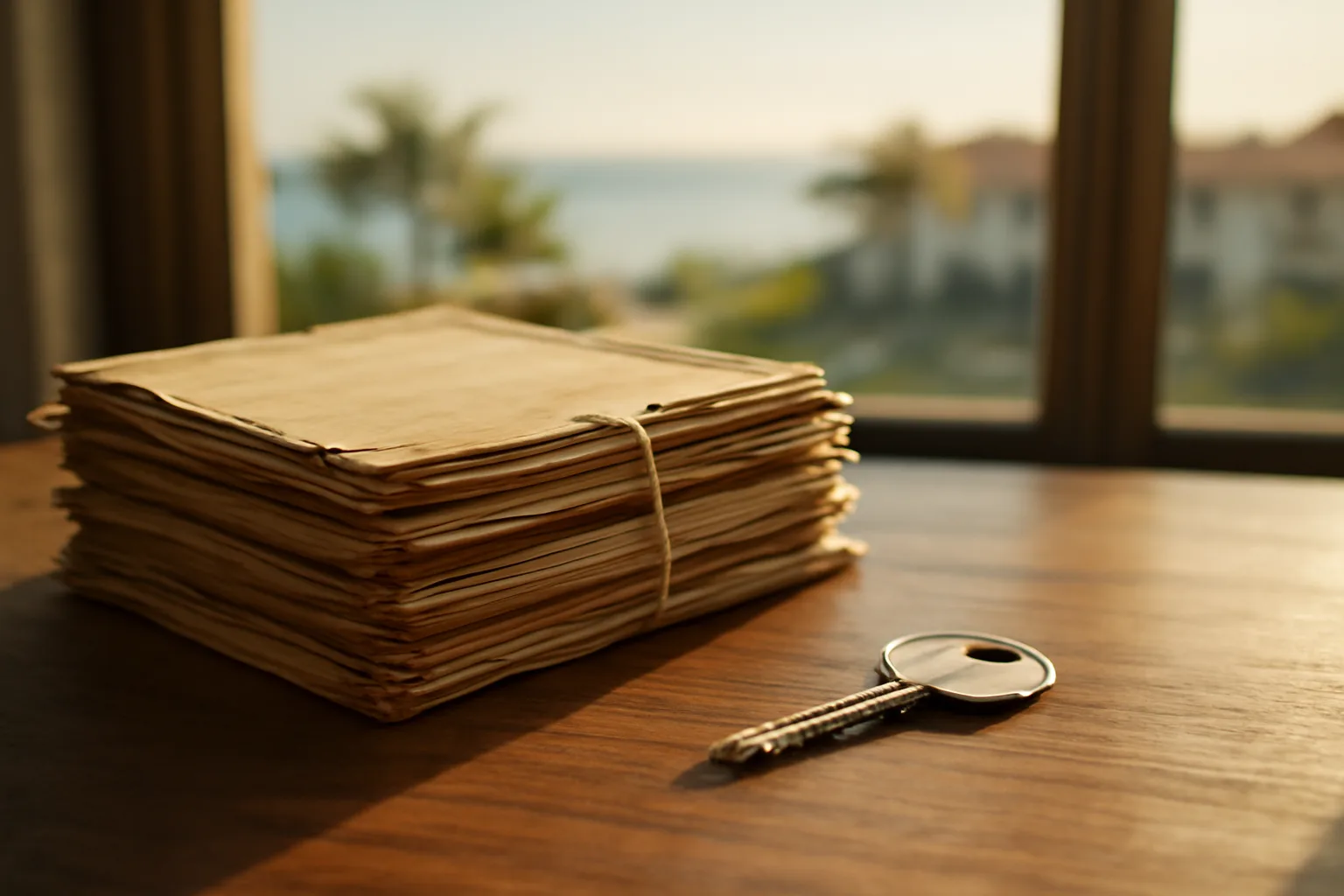 Recorded property documents and a key on a desk representing a timeshare deed