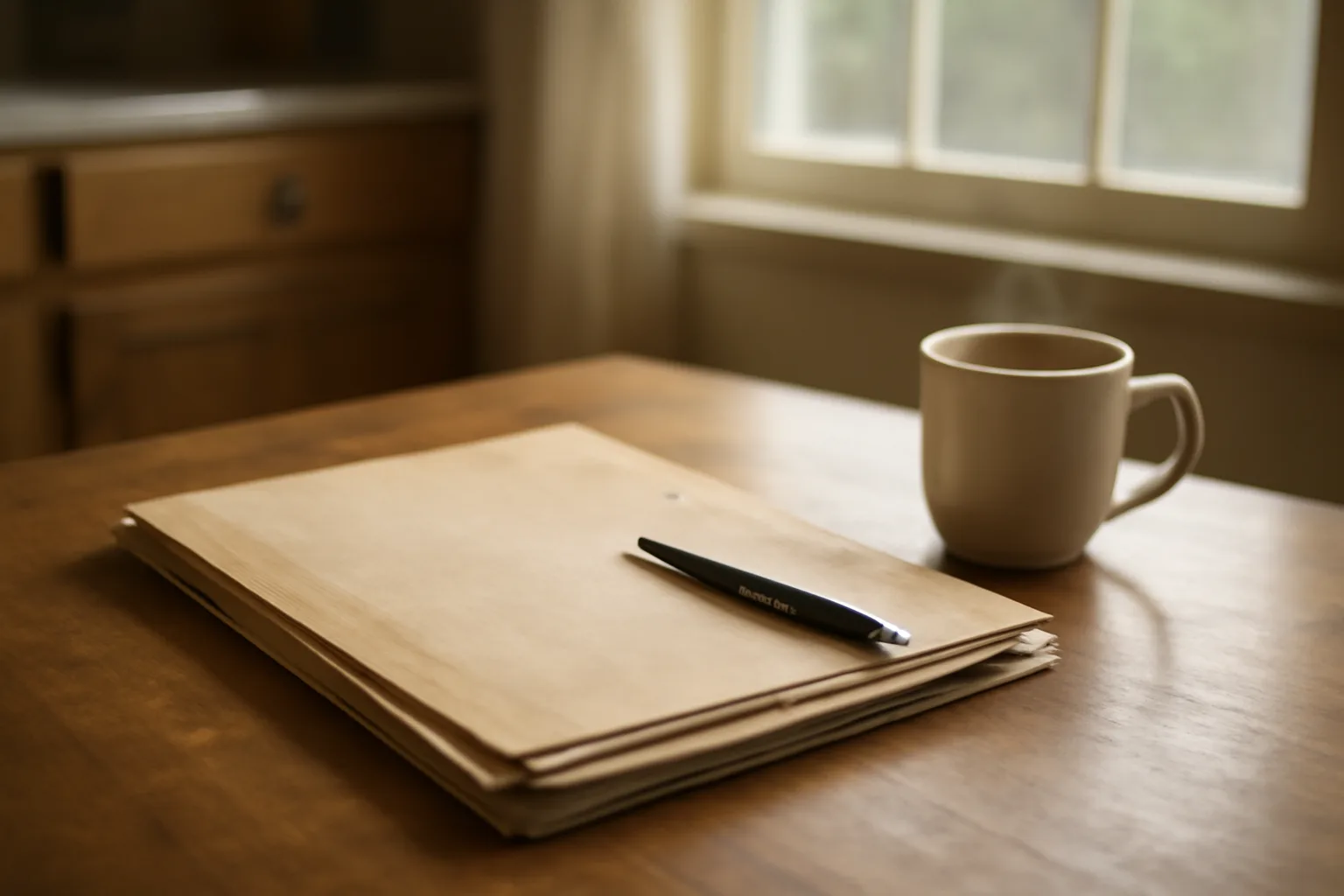 Documents and pen on a kitchen table representing a timeshare deedback paperwork process
