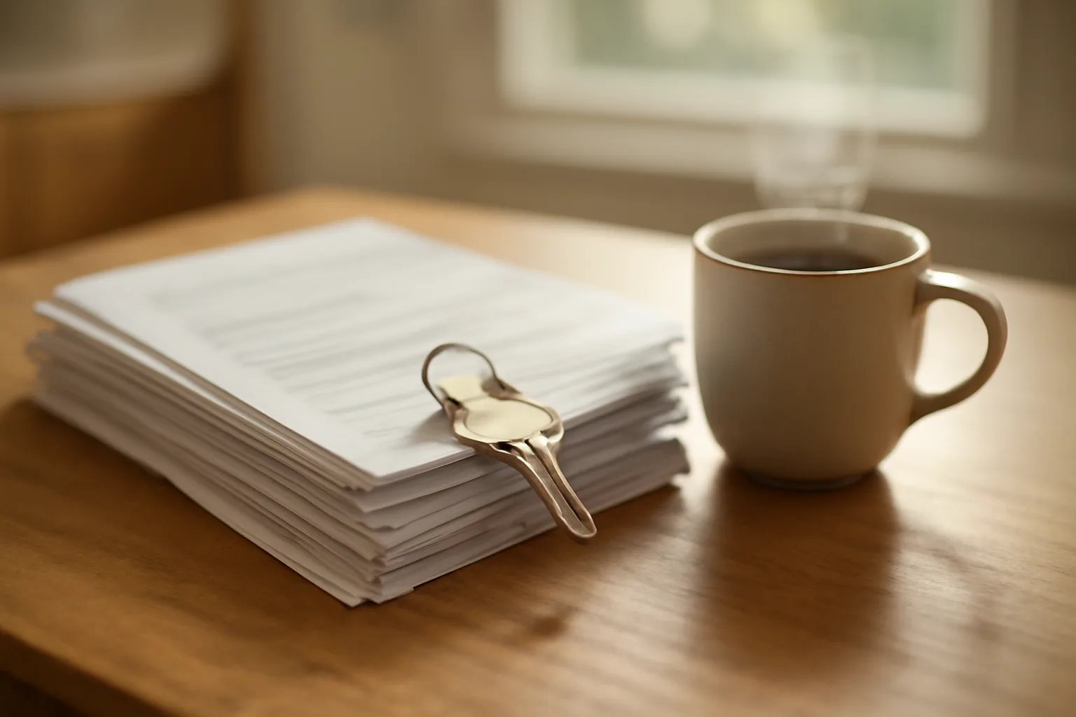 Loan paperwork and a house key on a kitchen table representing a timeshare mortgage exit decision