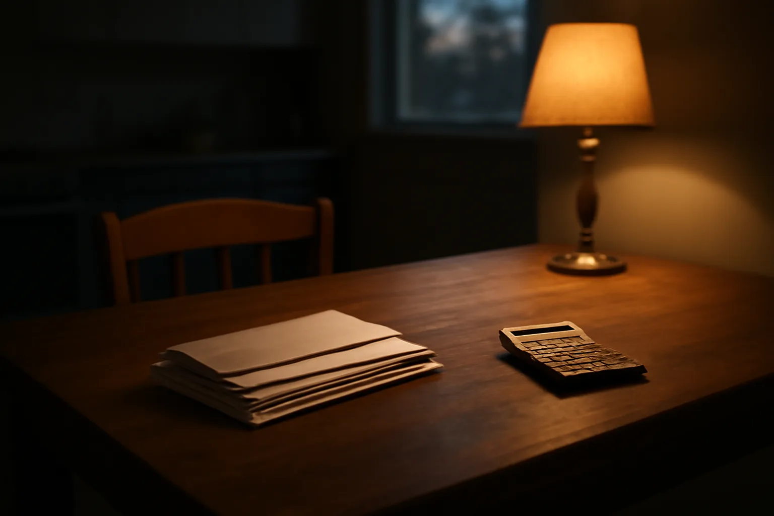 Stack of unopened bills and a calculator on a kitchen table representing unpaid timeshare fees