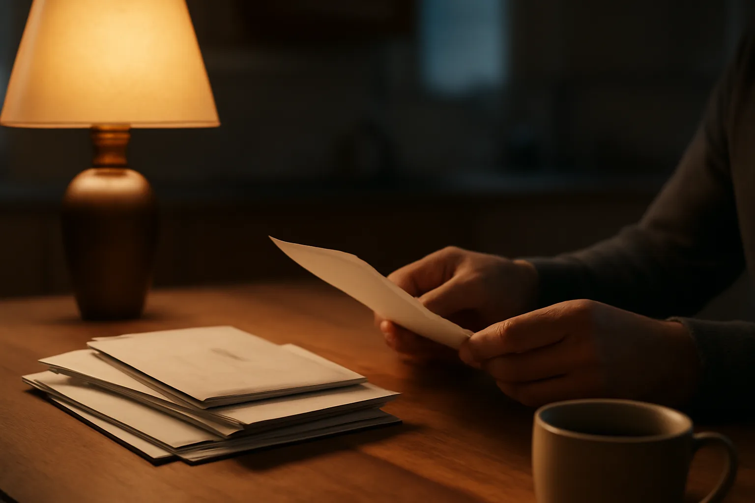 Person reviewing timeshare paperwork at a kitchen table under lamp light