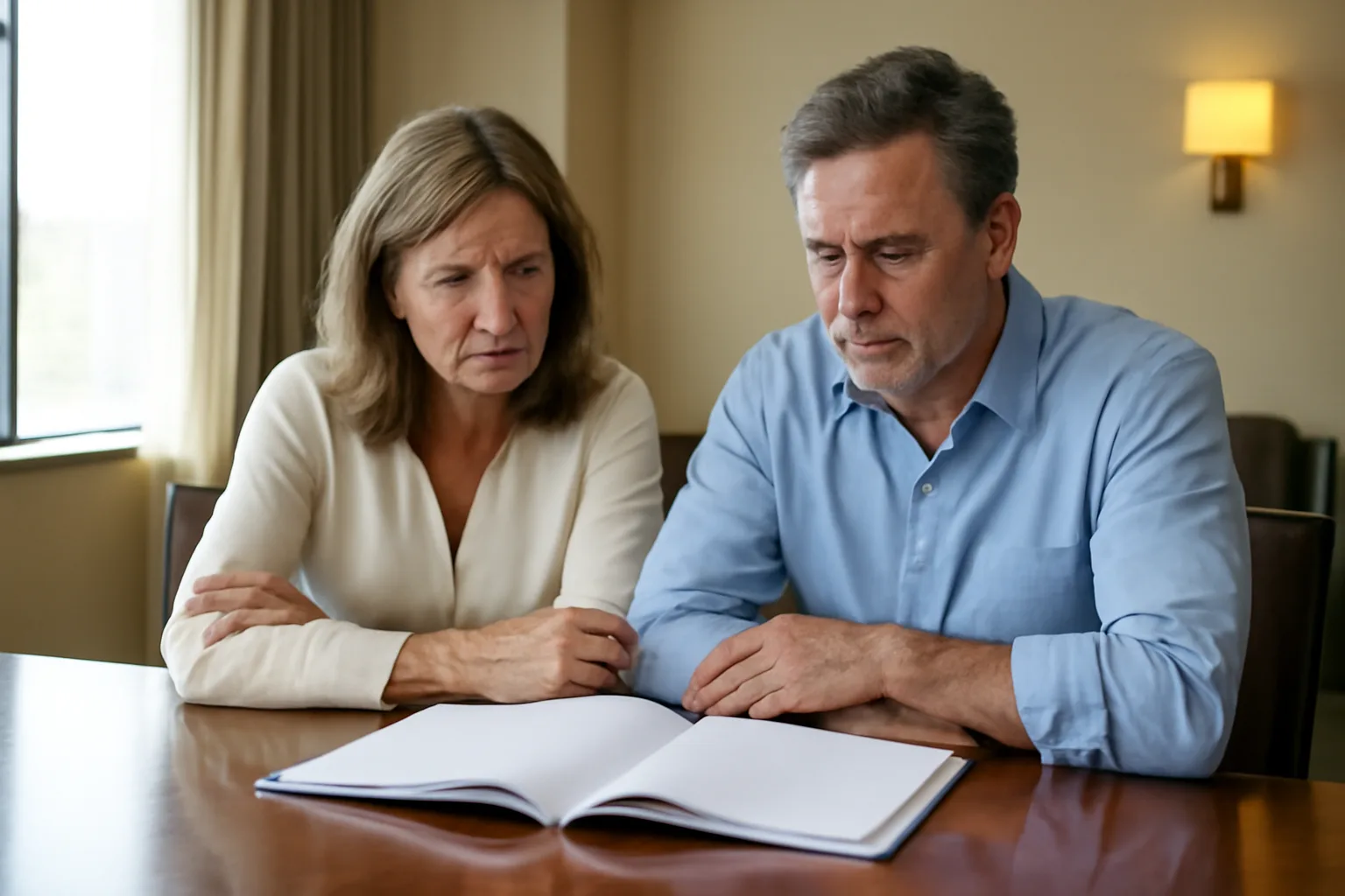 Couple reviewing timeshare contract documents at resort sales meeting