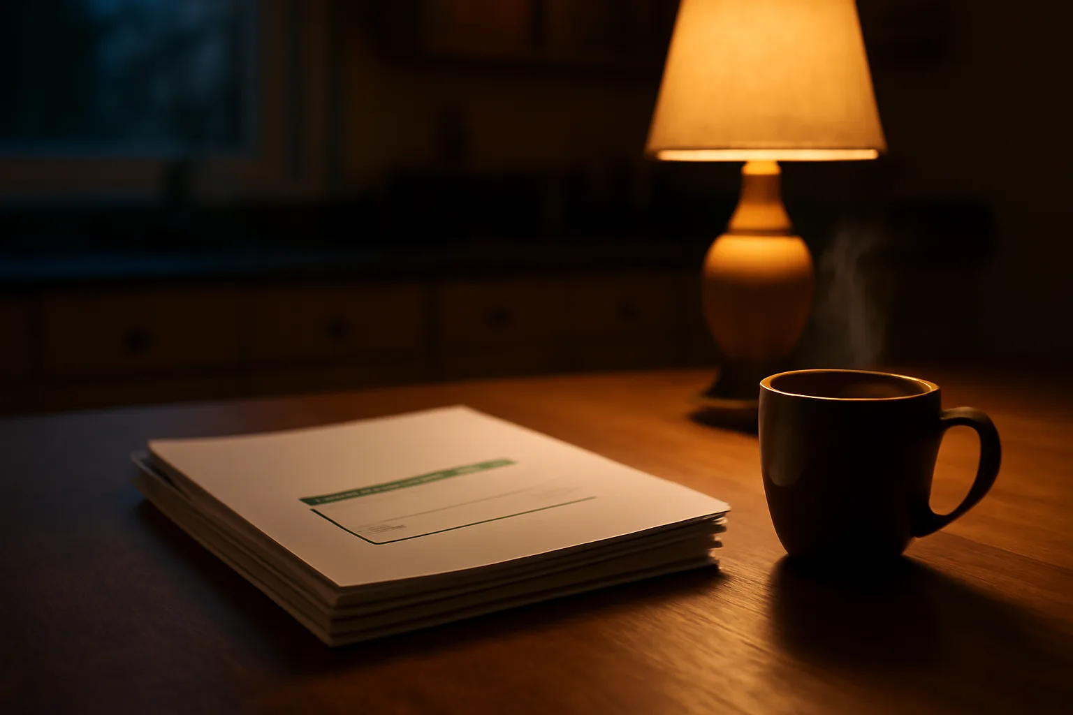 Timeshare paperwork and certified mail receipt on a kitchen table at night