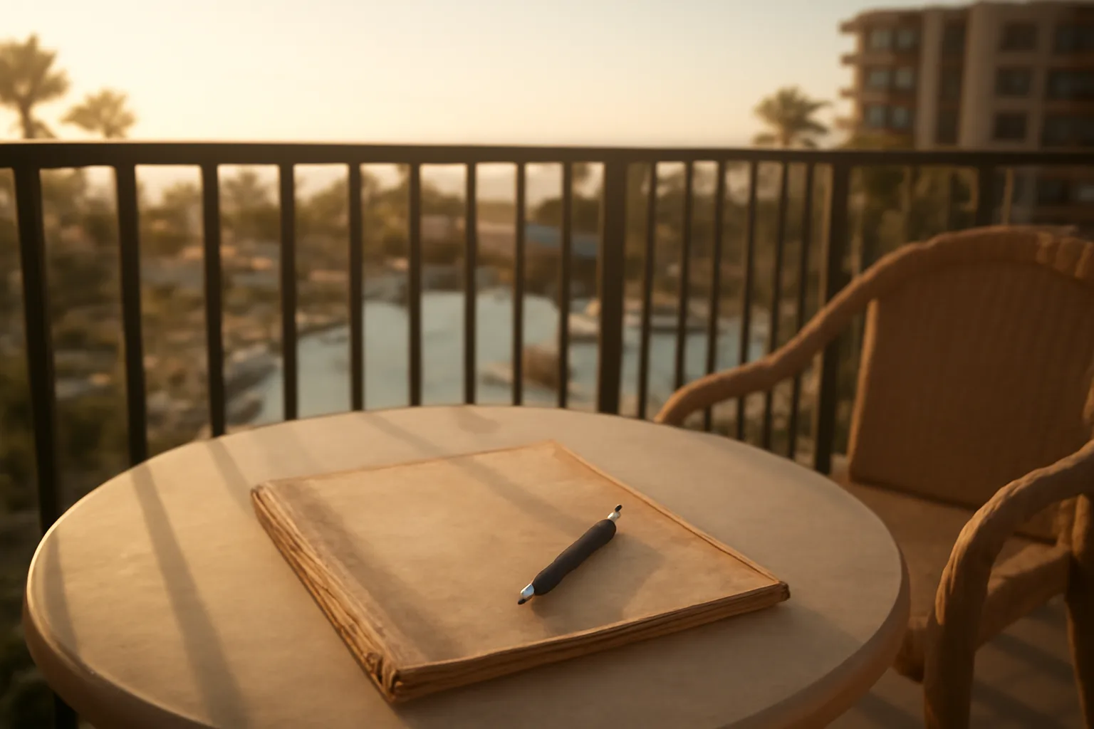 Empty balcony table with paperwork overlooking a timeshare resort pool at sunset