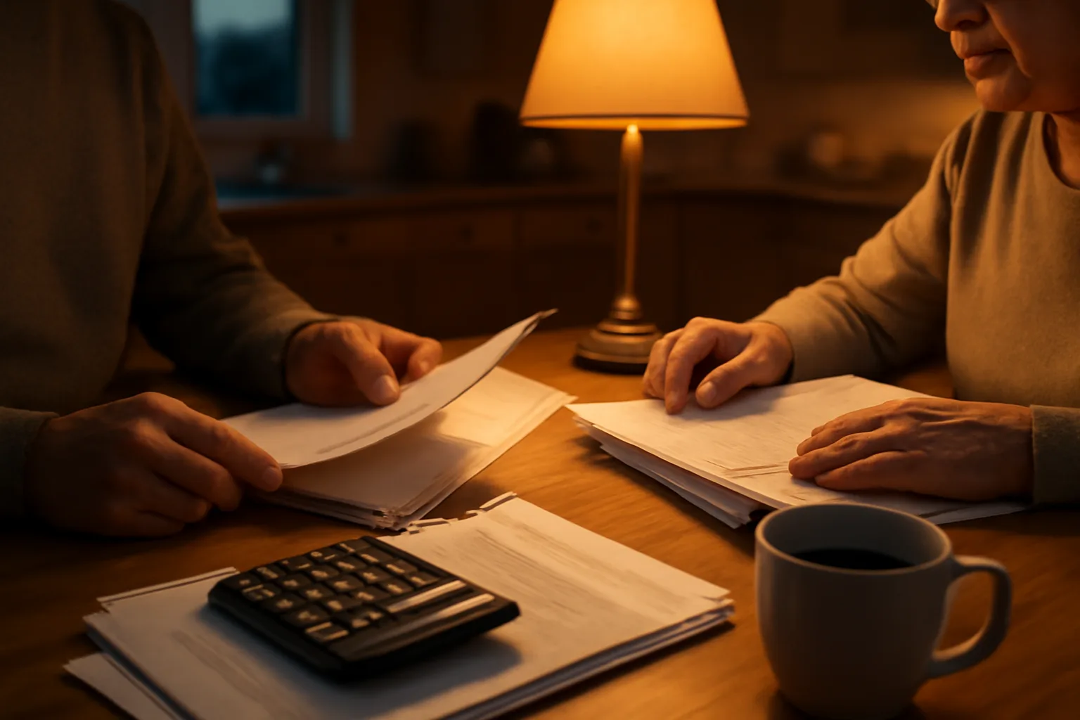Couple reviewing timeshare contract paperwork and calculator at a kitchen table