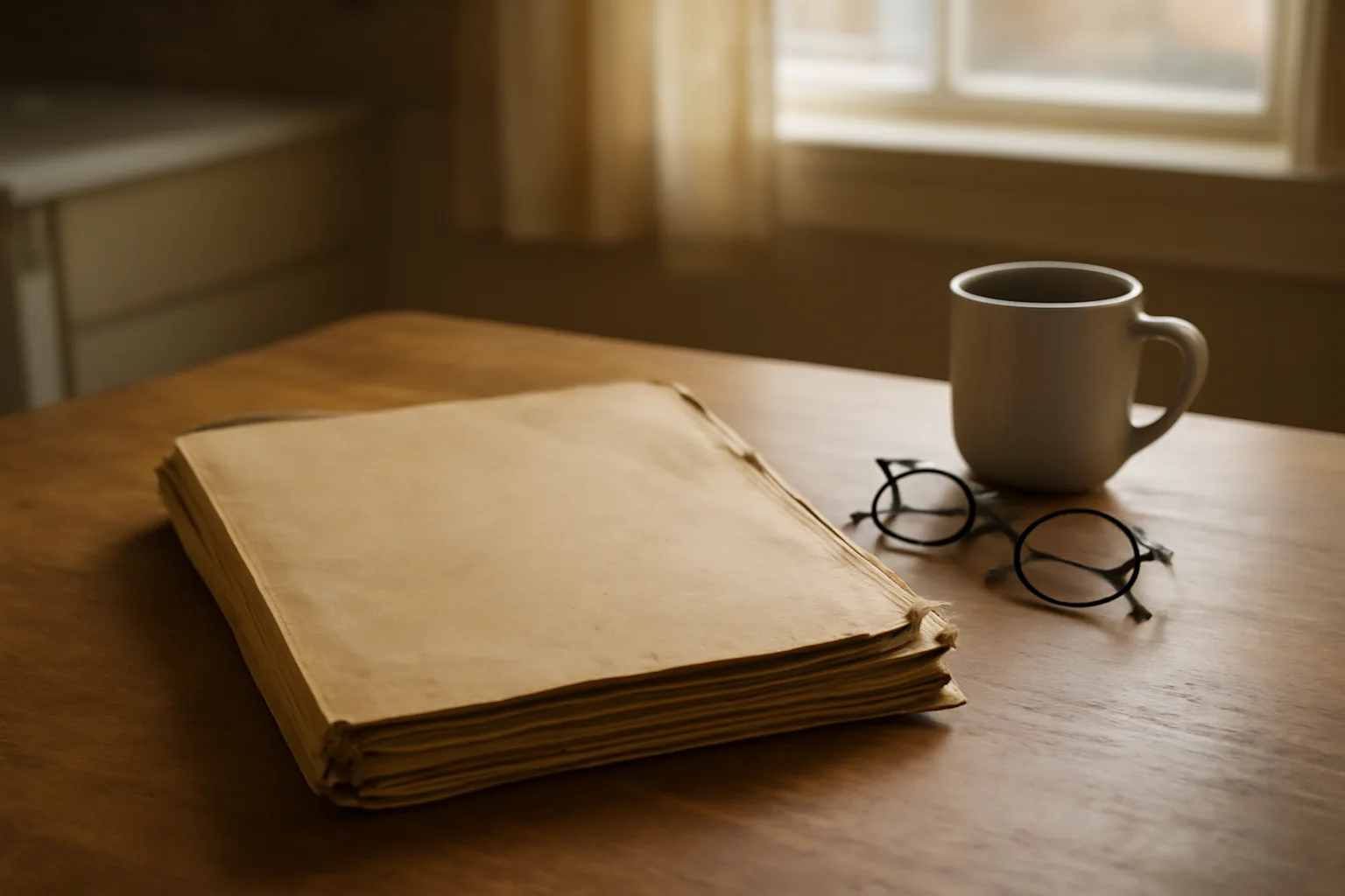 Closed folder and coffee mug on kitchen table, representing timeshare exit research