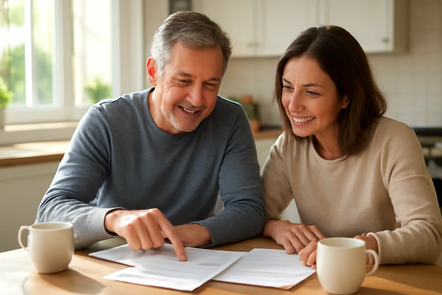 Couple reviewing timeshare contract documents at kitchen table with sunlight