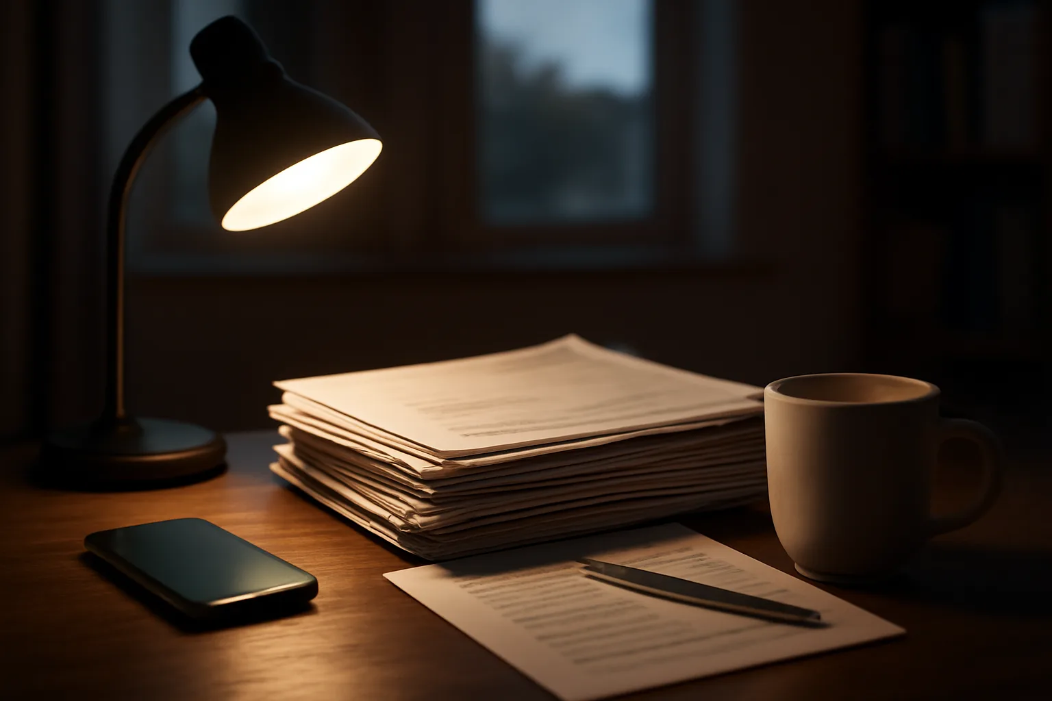 Home desk at night with paperwork and a coffee mug, researching a timeshare exit lawyer