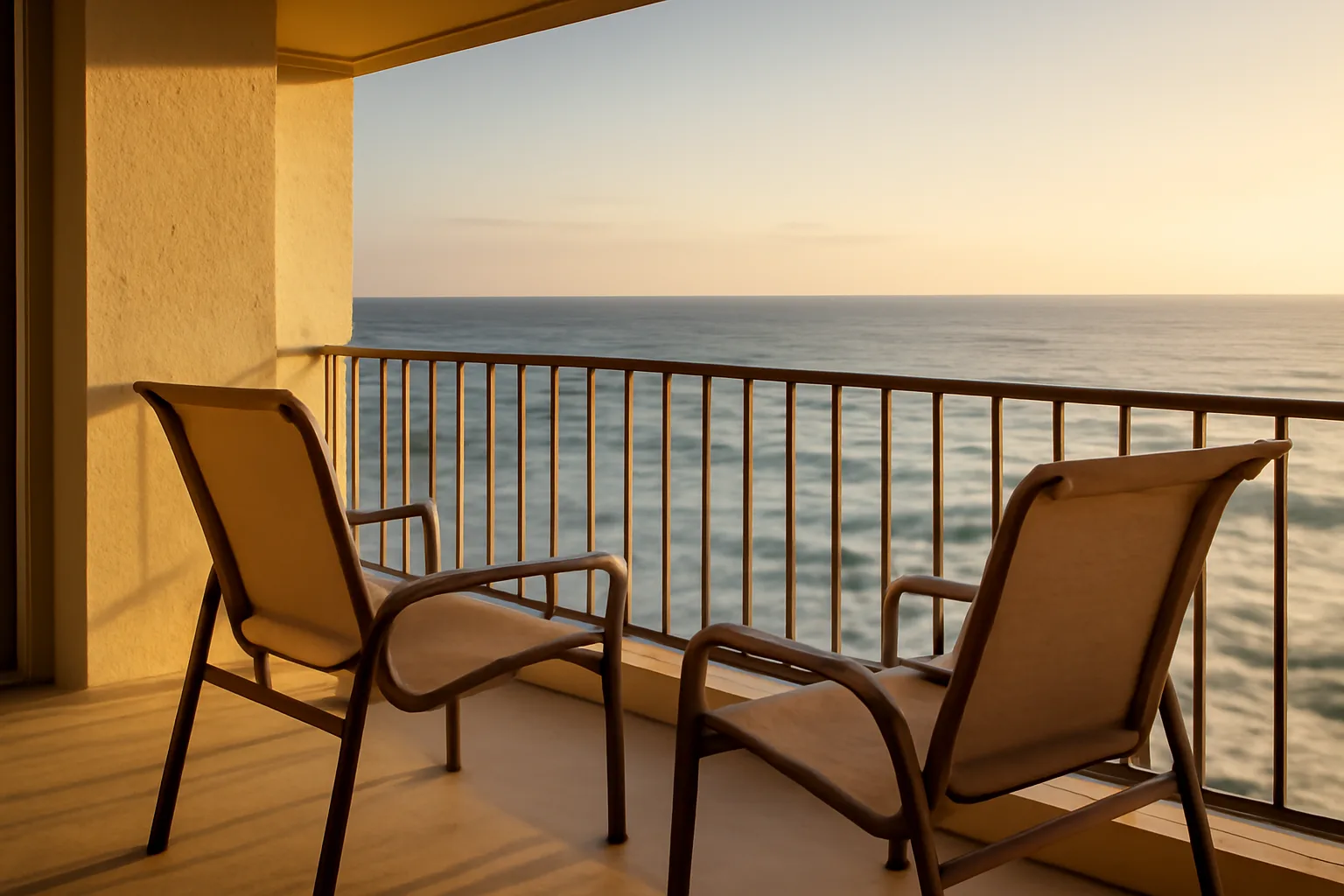 Empty balcony overlooking the ocean at a timeshare resort in late afternoon light