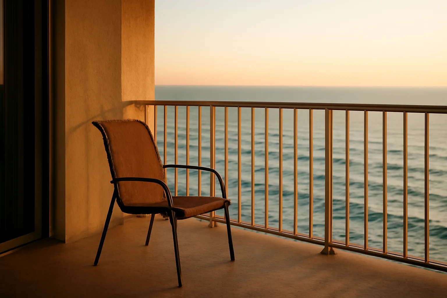 Empty resort balcony at sunset representing a timeshare owner weighing an exit