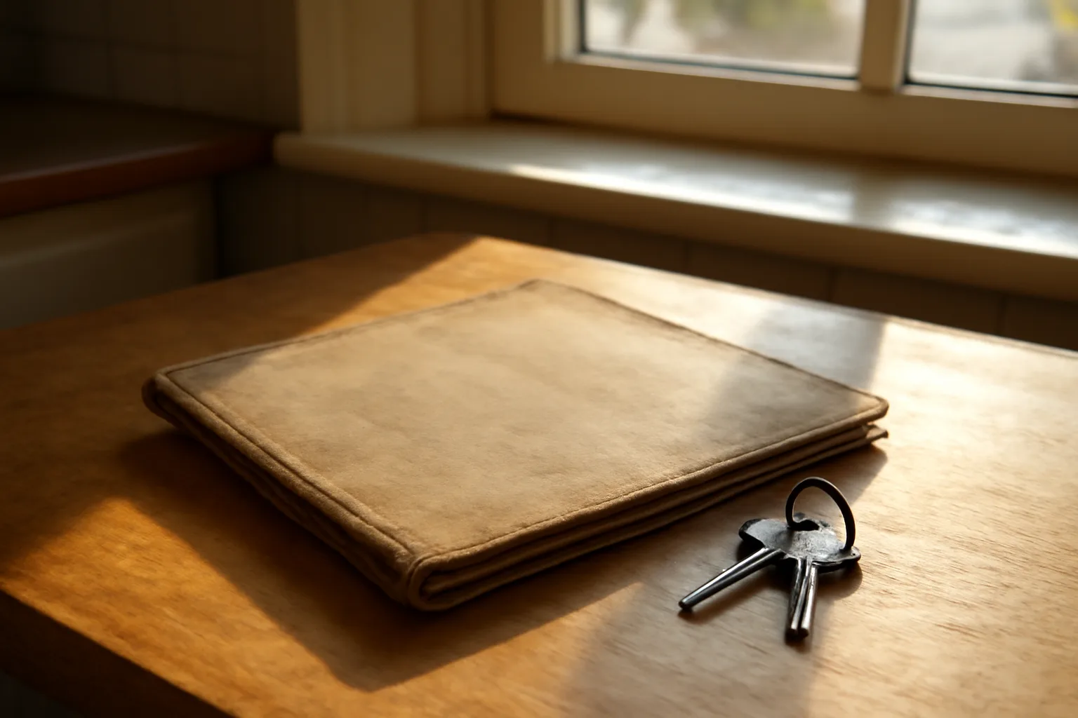 Timeshare contract folder and keys on a kitchen table in morning light