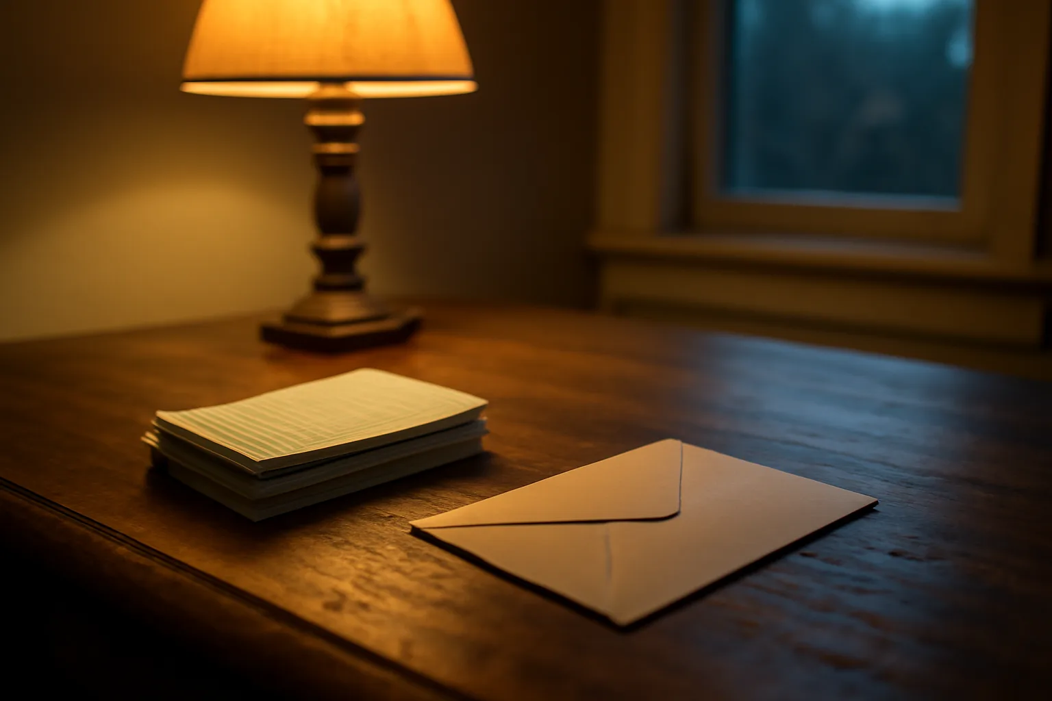 Desk with mailed envelope and lamp light representing the timeshare exit paperwork process