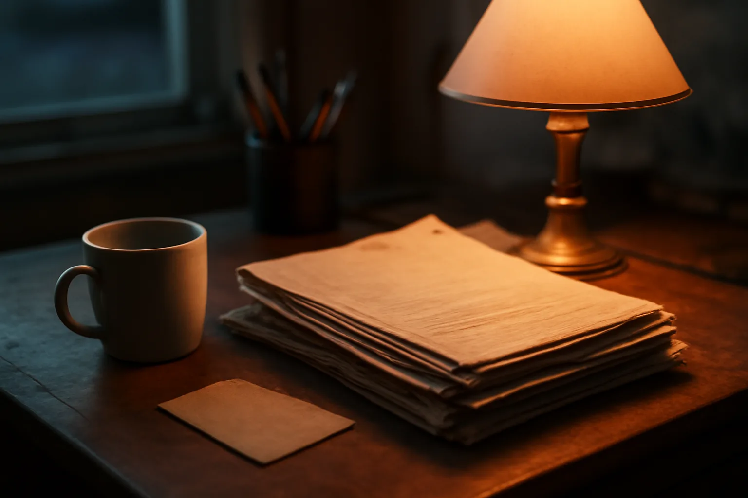 Desk lamp lighting stacked paperwork during late-night timeshare cancellation research