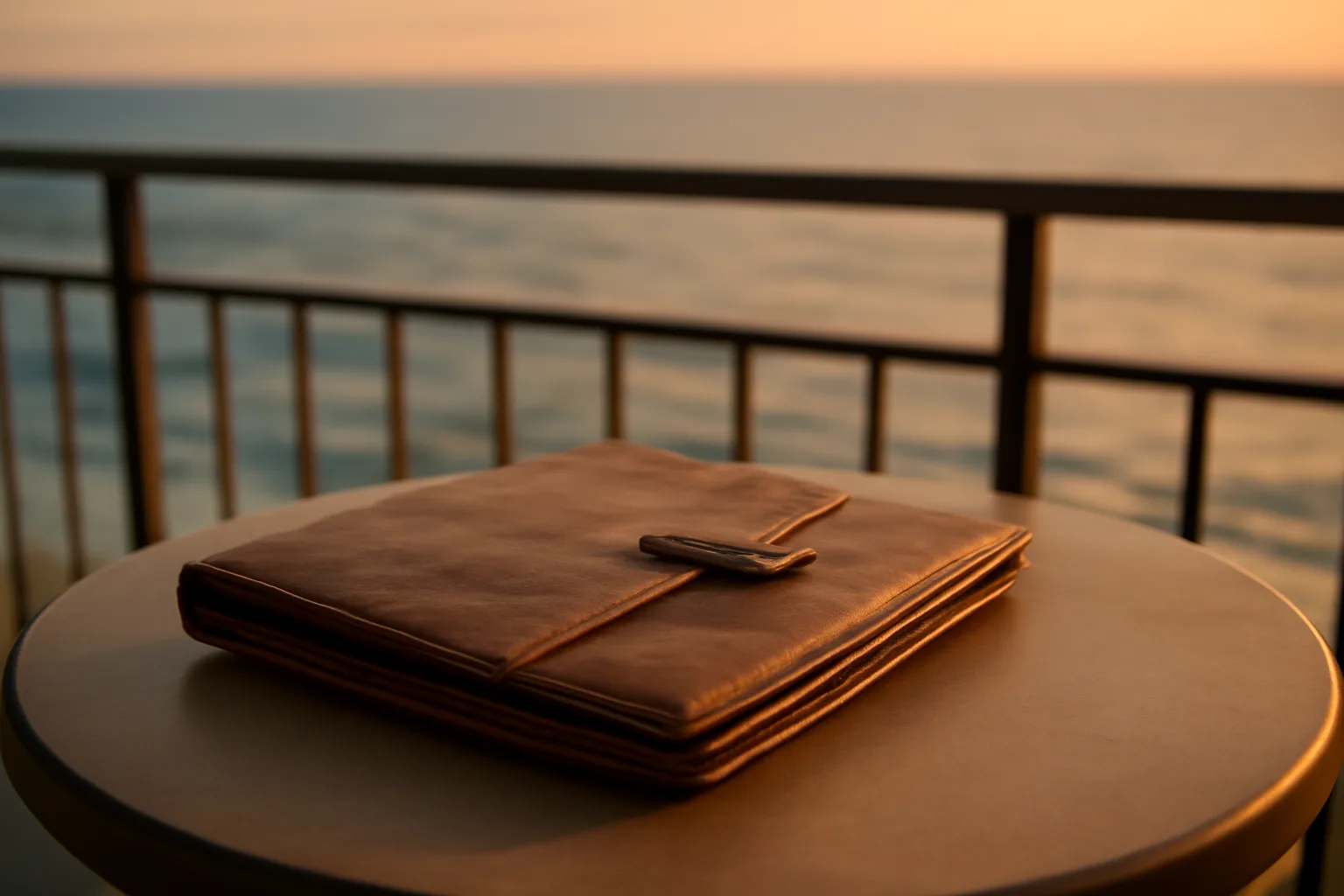 Closed contract folder on a resort balcony table at sunset, representing timeshare exit decisions