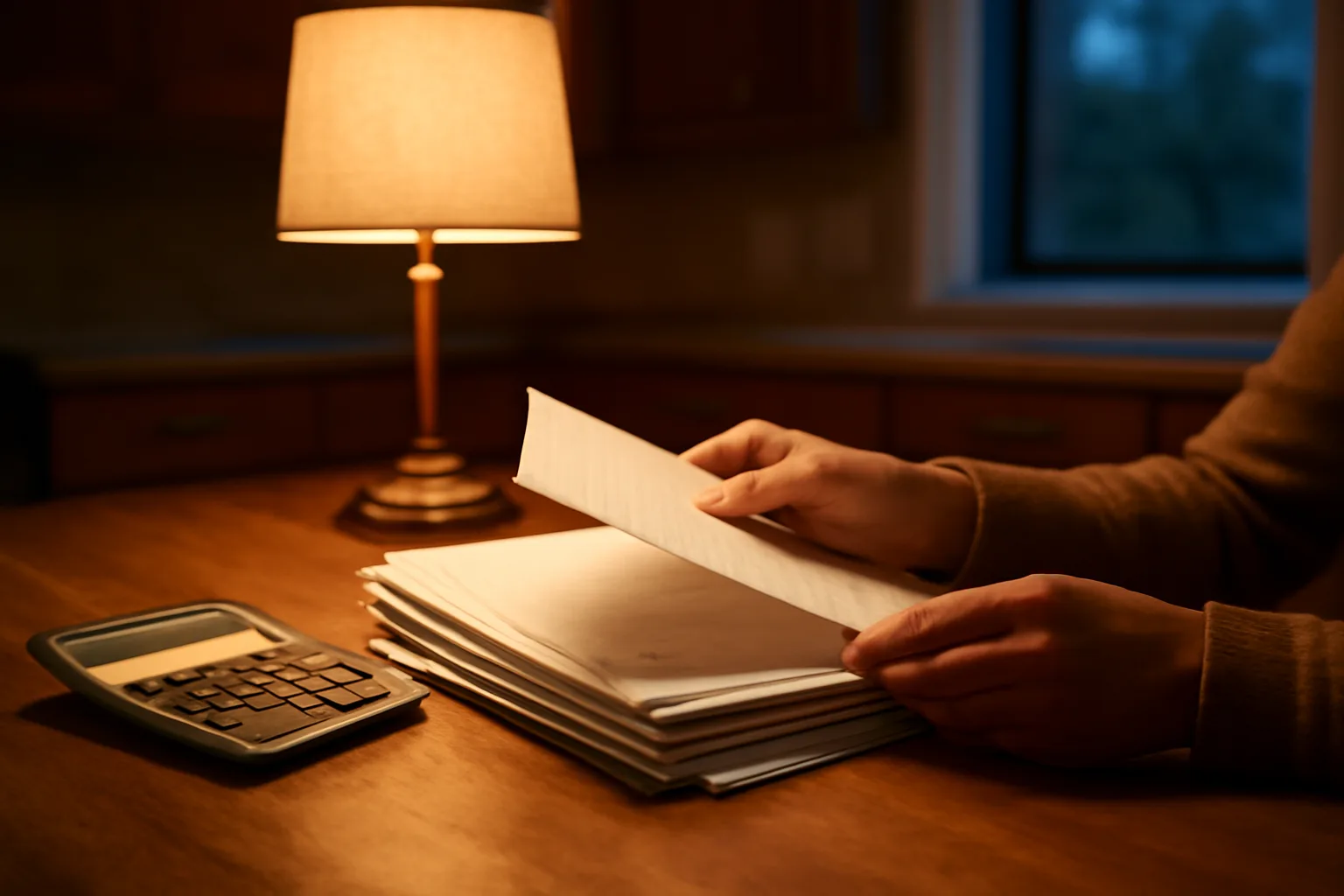 Hands sorting timeshare paperwork at a kitchen table under lamp light