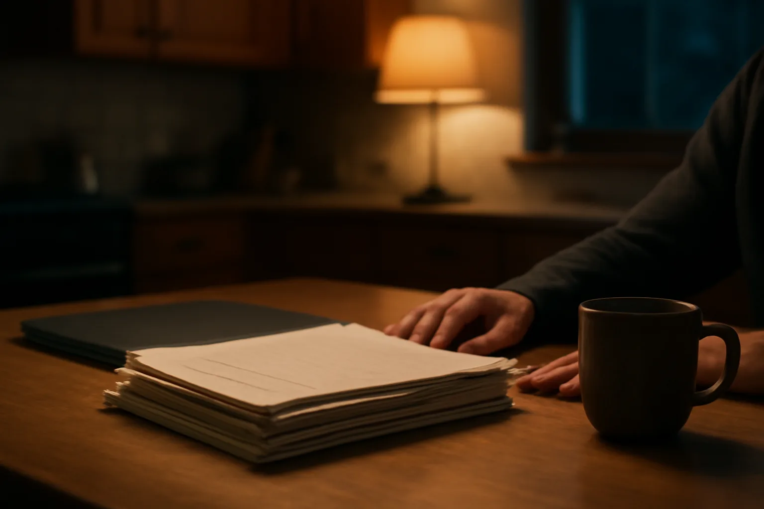 Person reviewing timeshare paperwork at a kitchen table in evening light