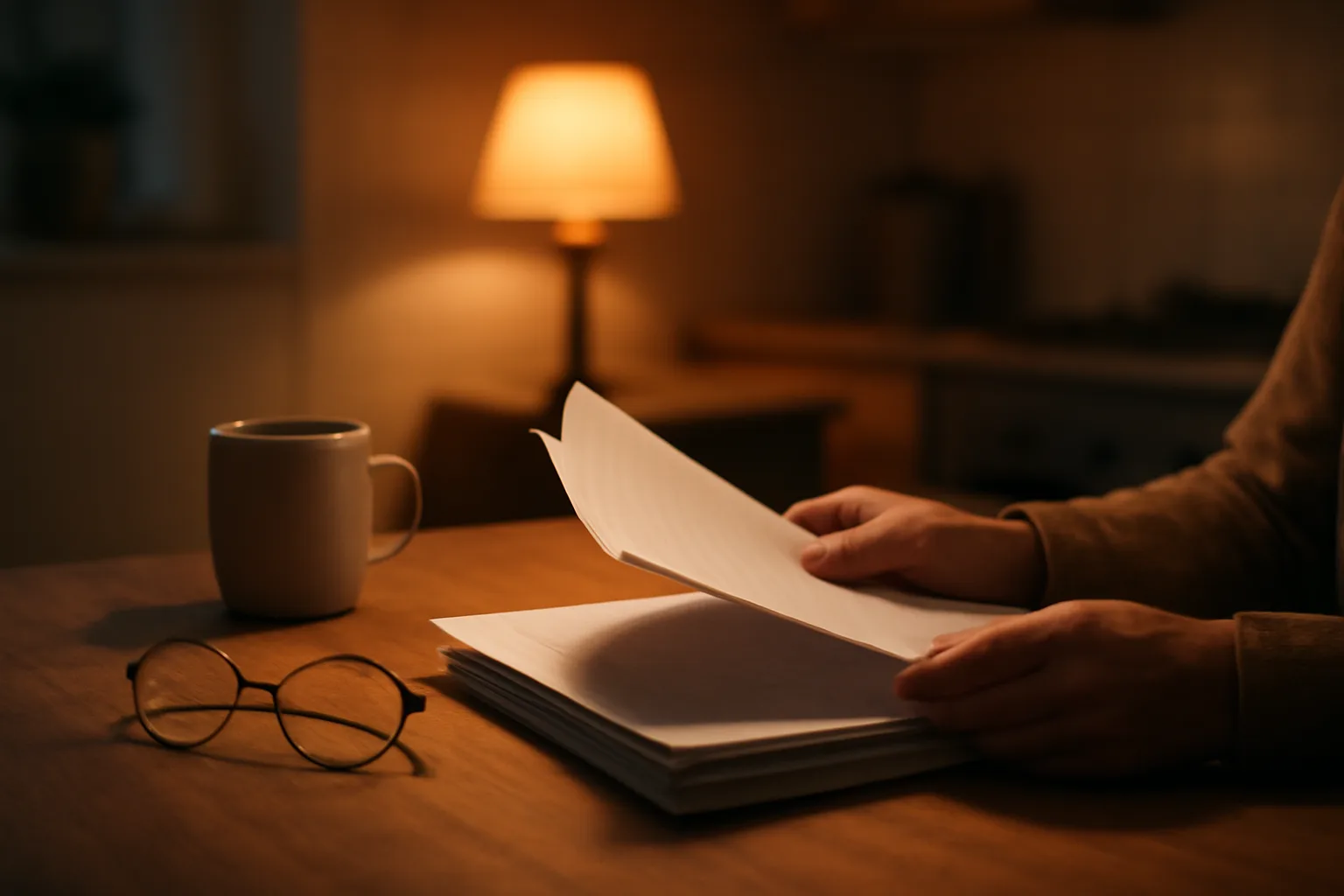 Homeowner reviewing timeshare contract paperwork at a kitchen table in evening light